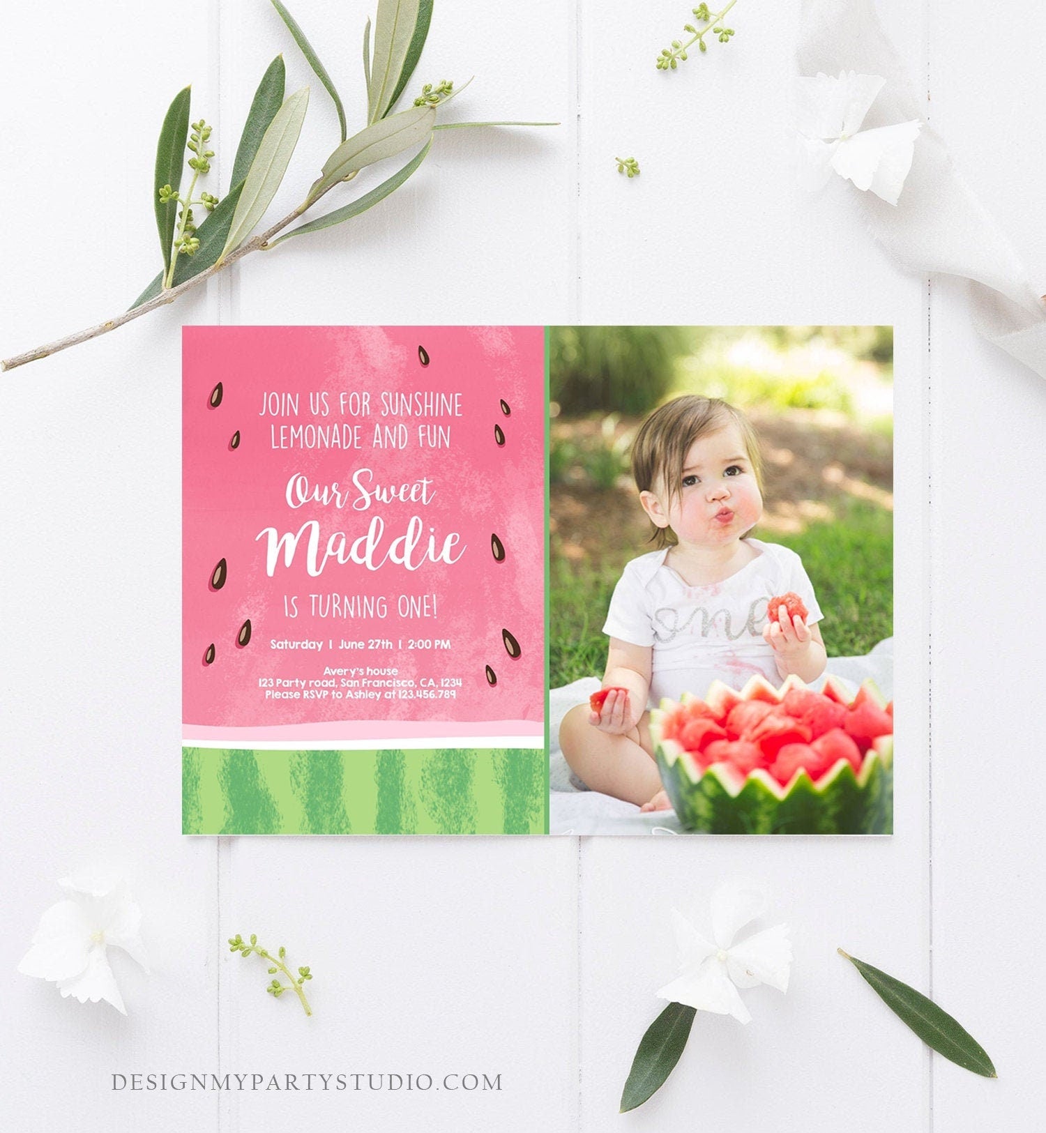 Editable Watermelon Birthday Invitation One in a Melon Invite Melon Party Summer Lemonade Download Printable Template Digital Corjl 0250