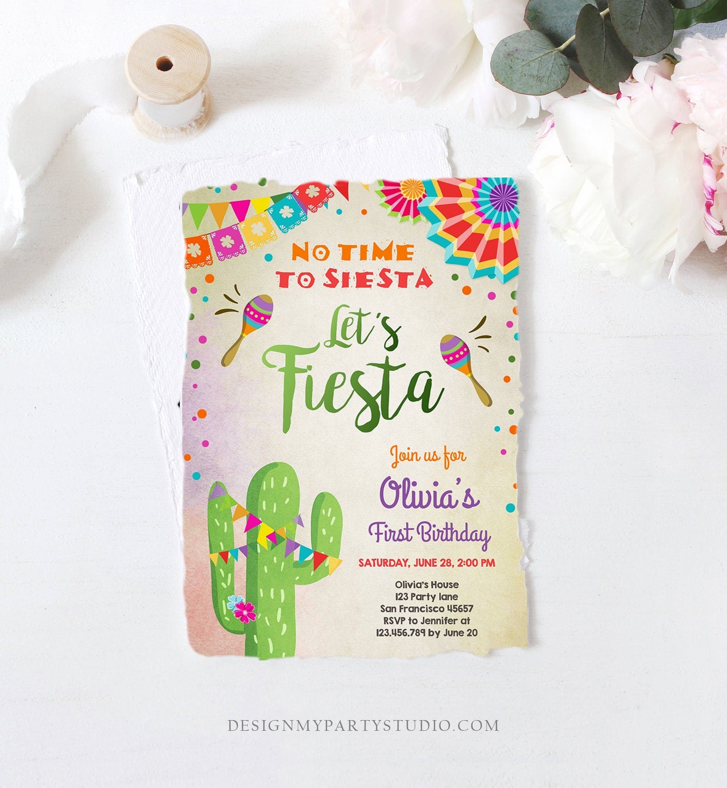 Editable Let's Fiesta Birthday Invitation No Time To Siesta Girl Cactus Samba Confetti First Birthday Download Corjl Template Printable 0045