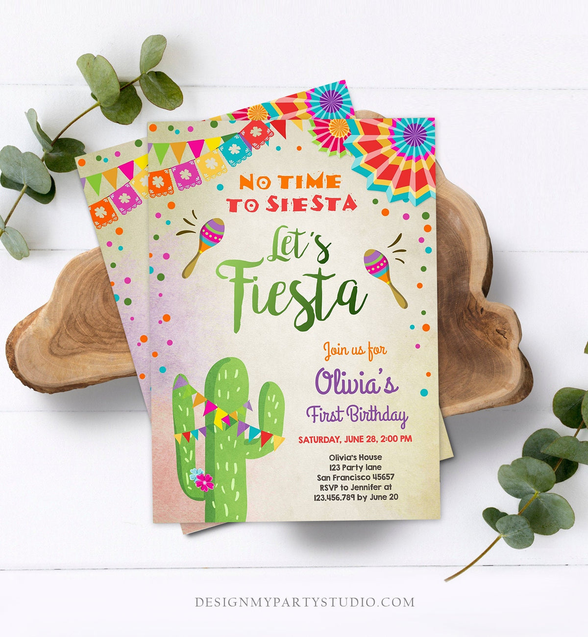 Editable Let&#39;s Fiesta Birthday Invitation No Time To Siesta Girl Cactus Samba Confetti First Birthday Download Corjl Template Printable 0045