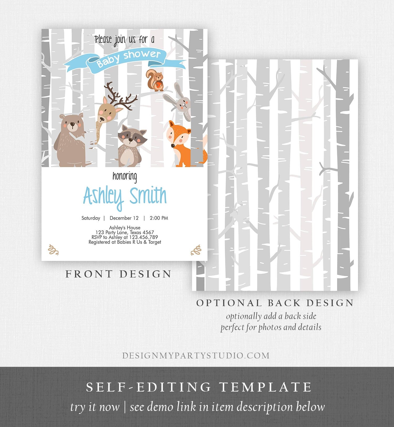 Editable Woodland Baby shower invitation Boy Baby Shower Blue Forest Animals Cute Animals Fox Invite Template Download Digital Corjl 0010