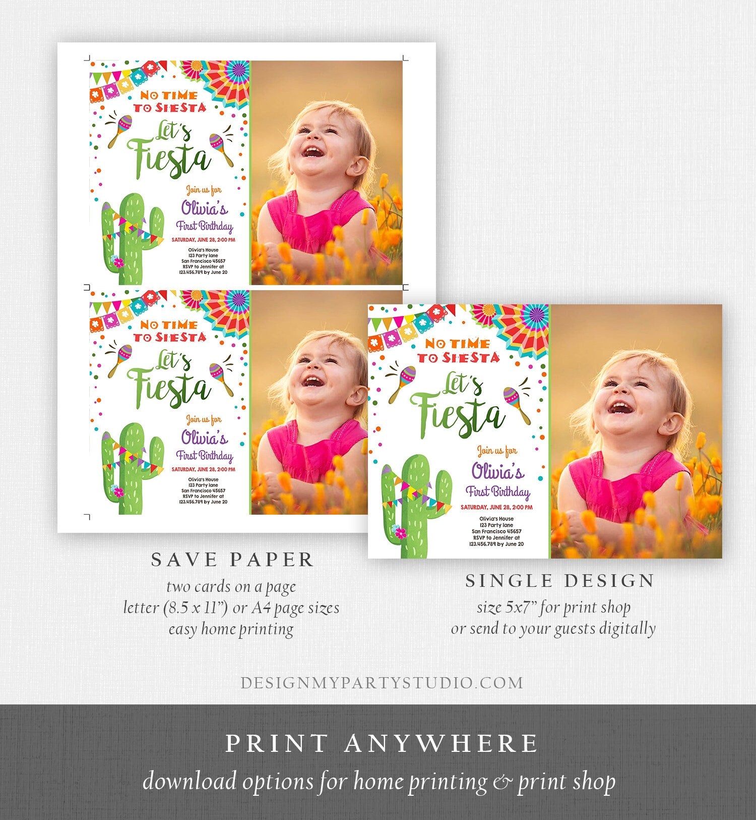 Editable Let's Fiesta Birthday Invitation No Time To Siesta Girl Cactus Samba Confetti First Birthday Photo Corjl Template Printable 0045