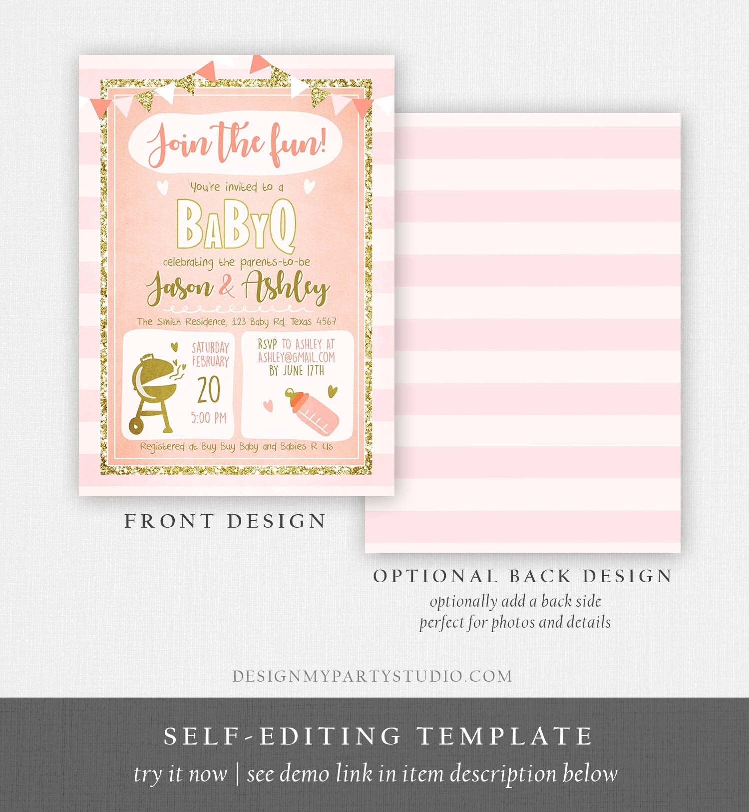 Editable BabyQ Invitation Baby Shower Coed Shower BBQ Pink Gold Barbecue Party Girl Baby Shower Download Printable Template Corjl 0242