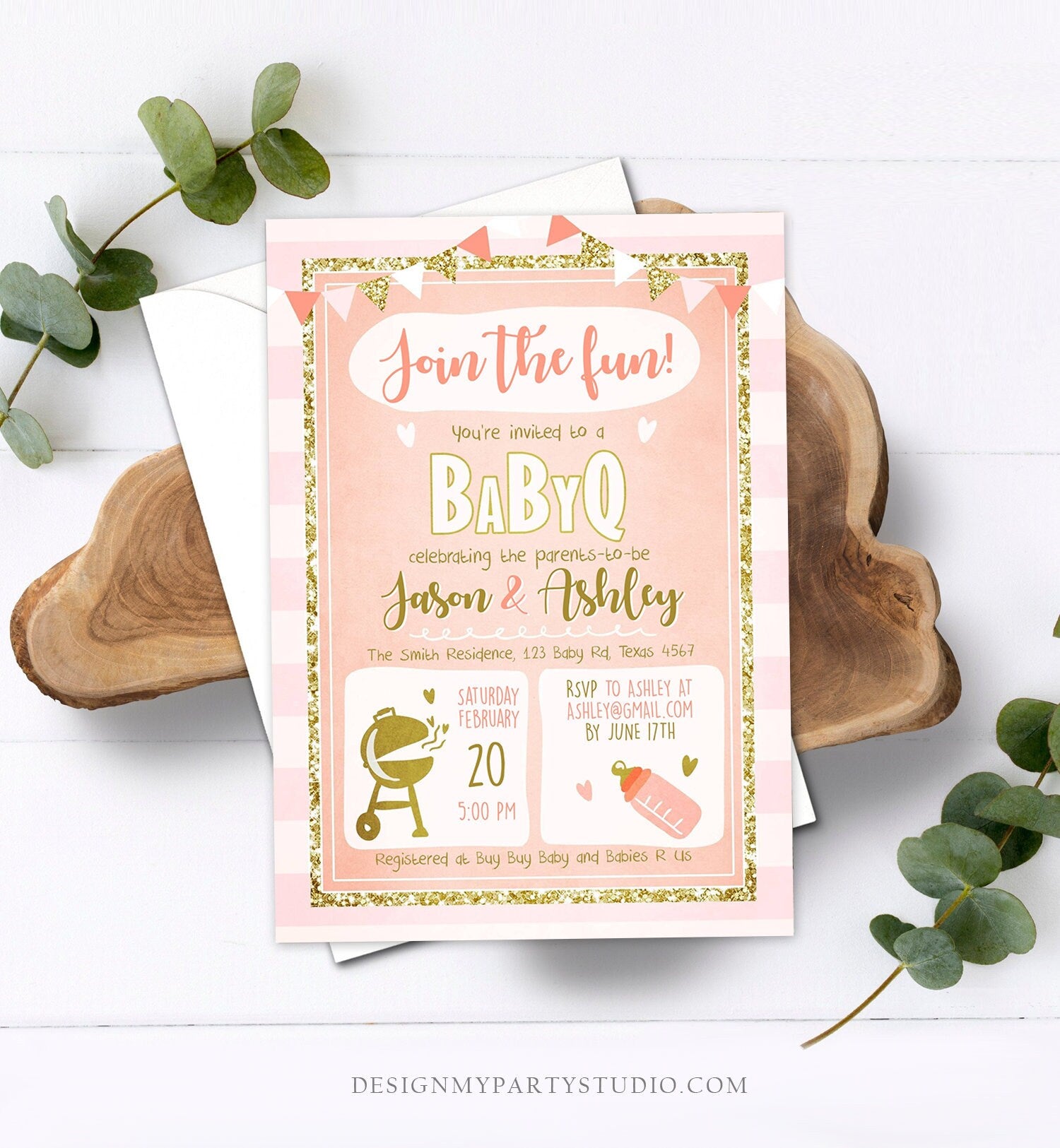 Editable BabyQ Invitation Baby Shower Coed Shower BBQ Pink Gold Barbecue Party Girl Baby Shower Download Printable Template Corjl 0242