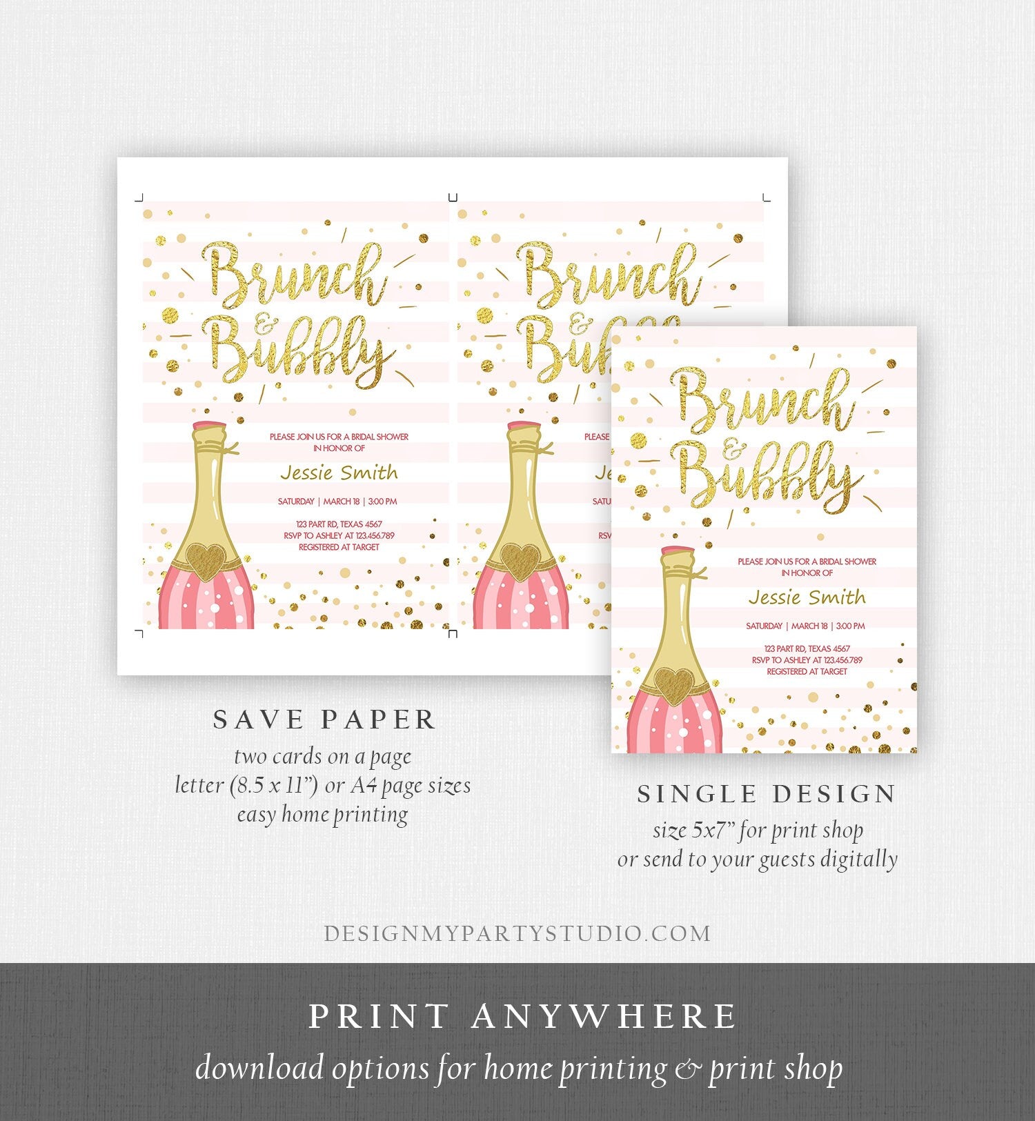 Editable Brunch and Bubbly Bridal Shower Invitation Champagne Bottle Pink and Gold Wedding Download Printable Template Digital Corjl 0051