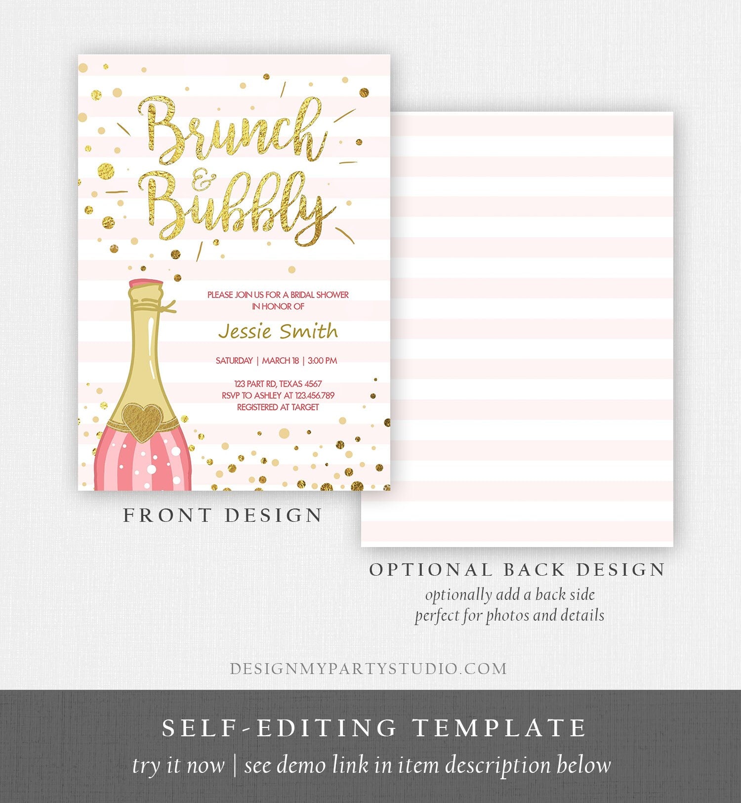 Editable Brunch and Bubbly Bridal Shower Invitation Champagne Bottle Pink and Gold Wedding Download Printable Template Digital Corjl 0051