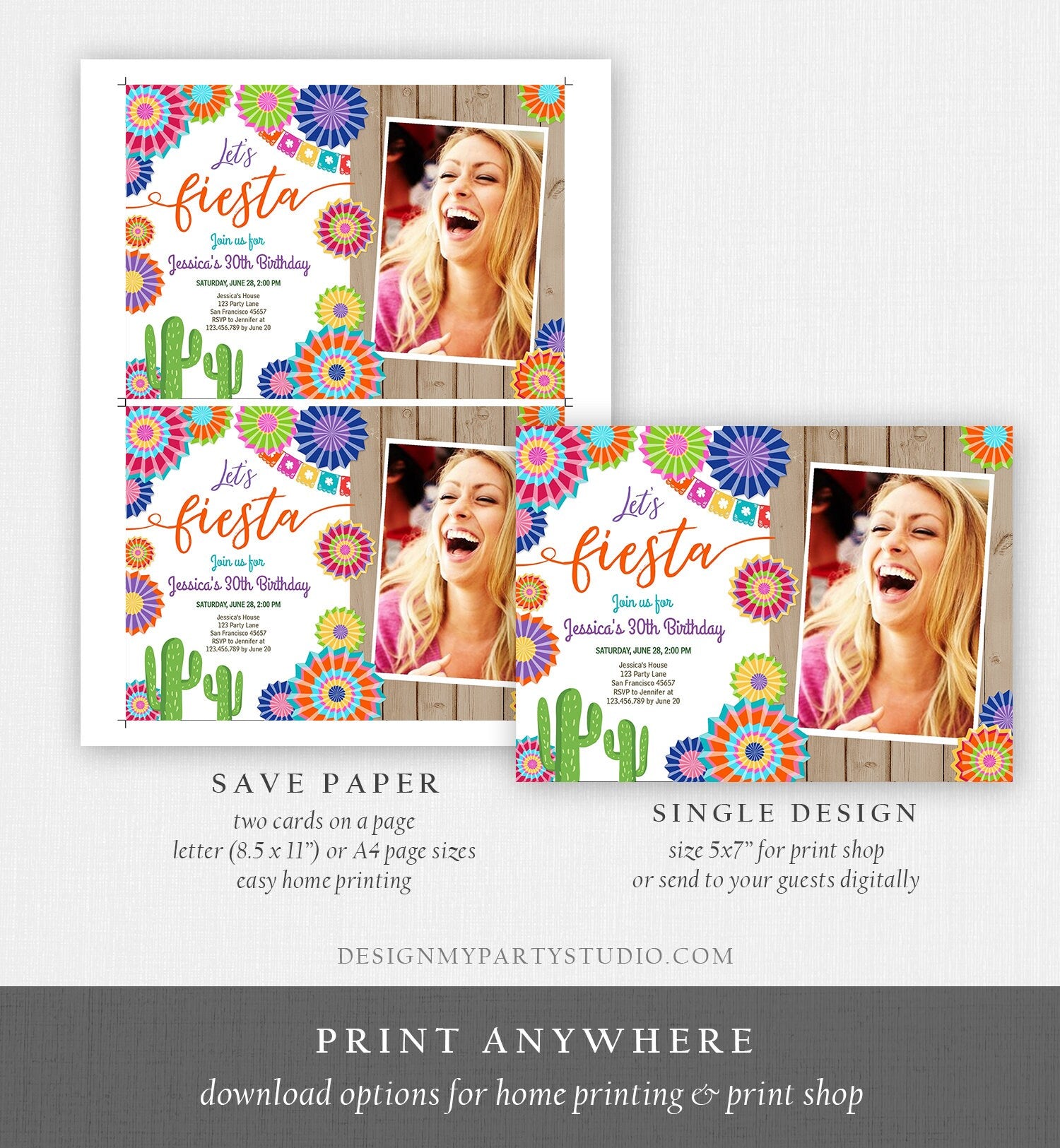 Editable Let's Fiesta Birthday Invitation ANY AGE Girl Woman Adult 30th Cactus Cinco Mayo Mexican Party Photo Corjl Template Printable 0236