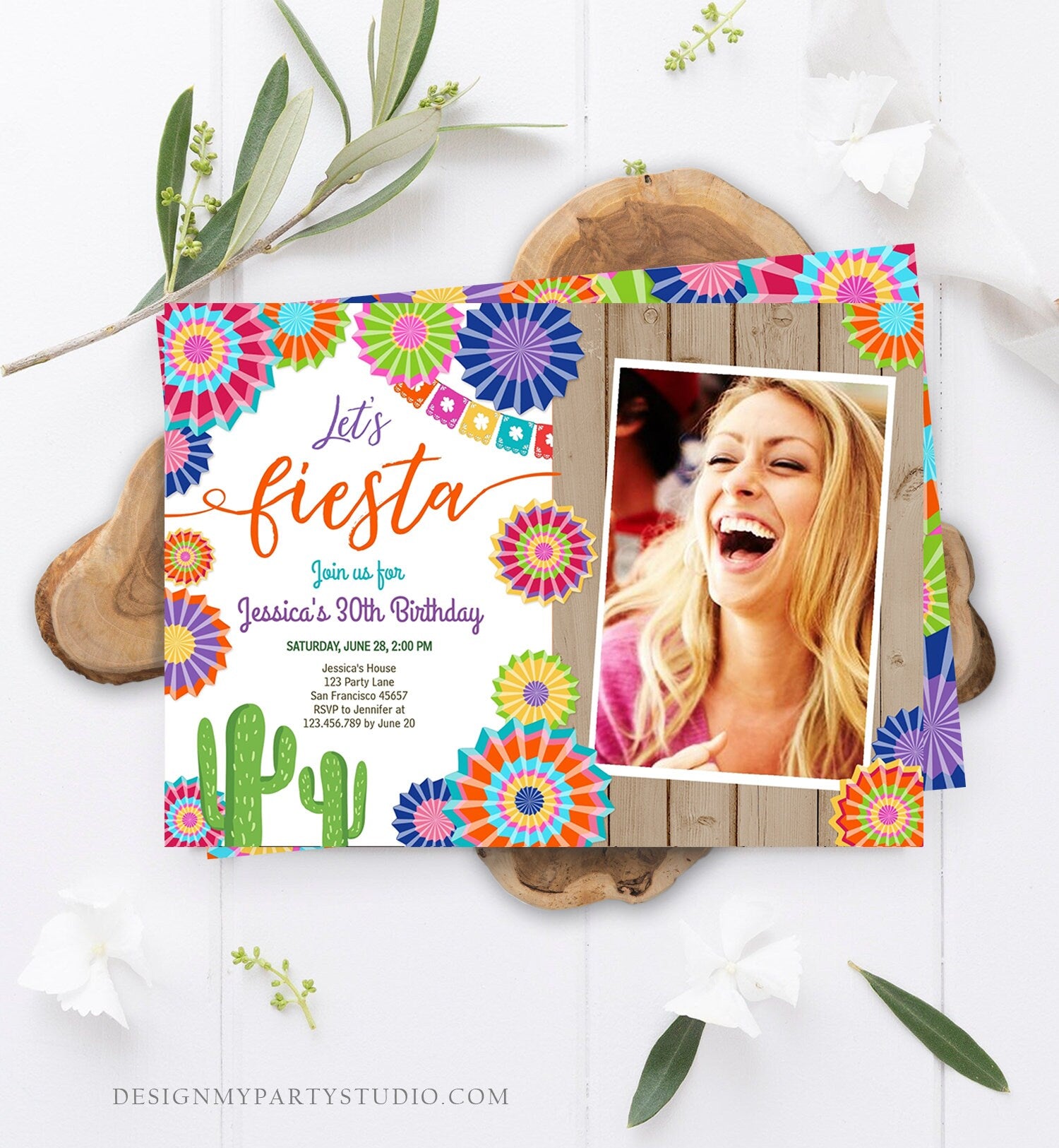 Editable Let's Fiesta Birthday Invitation ANY AGE Girl Woman Adult 30th Cactus Cinco Mayo Mexican Party Photo Corjl Template Printable 0236