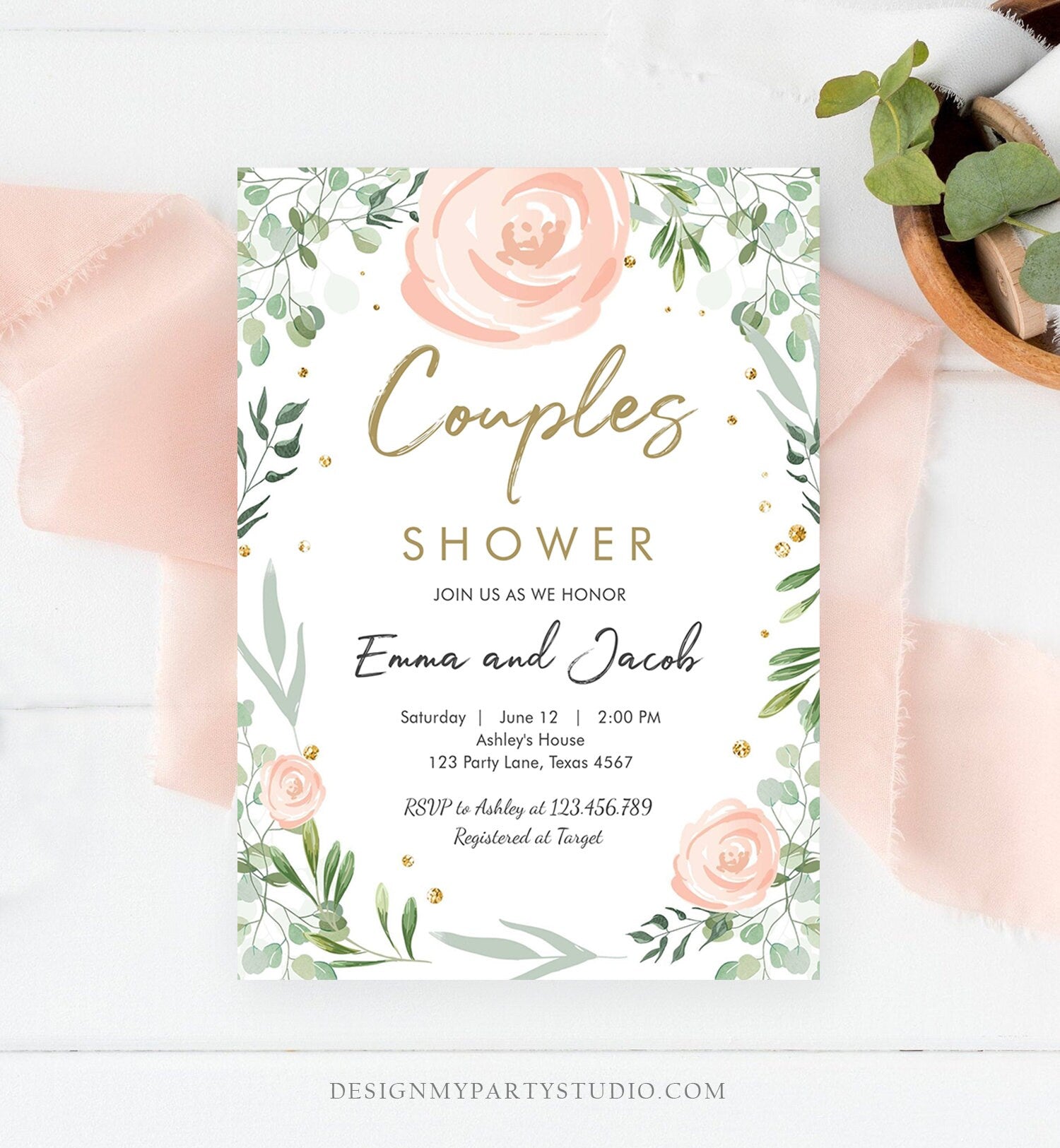 Editable Bohemian Couples Shower Invitation Eucalyptus Greenery Pink Floral Wedding Shower Instant Download Corjl Template Printable 0253