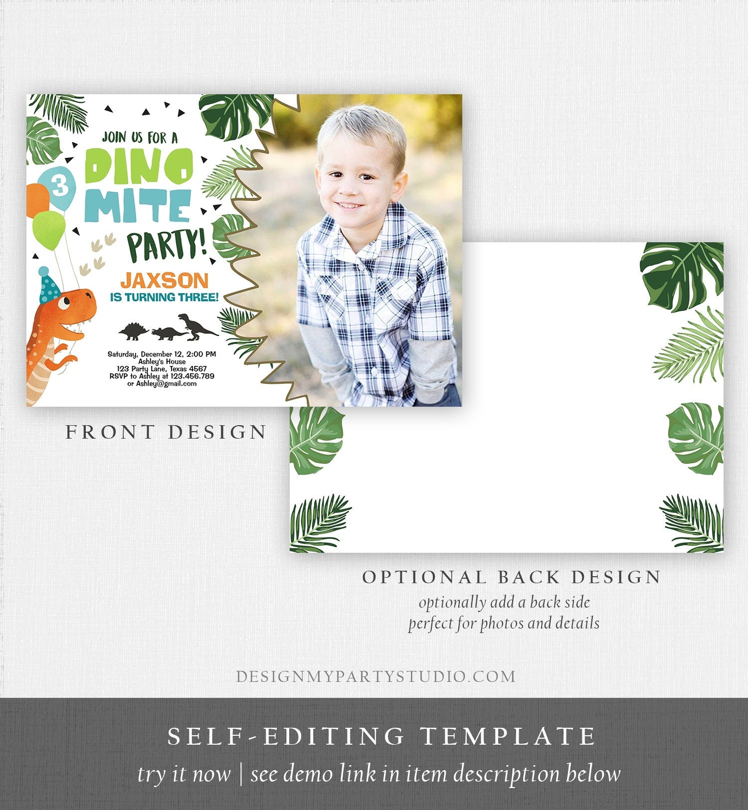 Editable Dinosaur Birthday Invitation Dino mite T-Rex Dig Party Prehistoric Boy Dino Fossil Download Printable Invite Template Corjl 0074