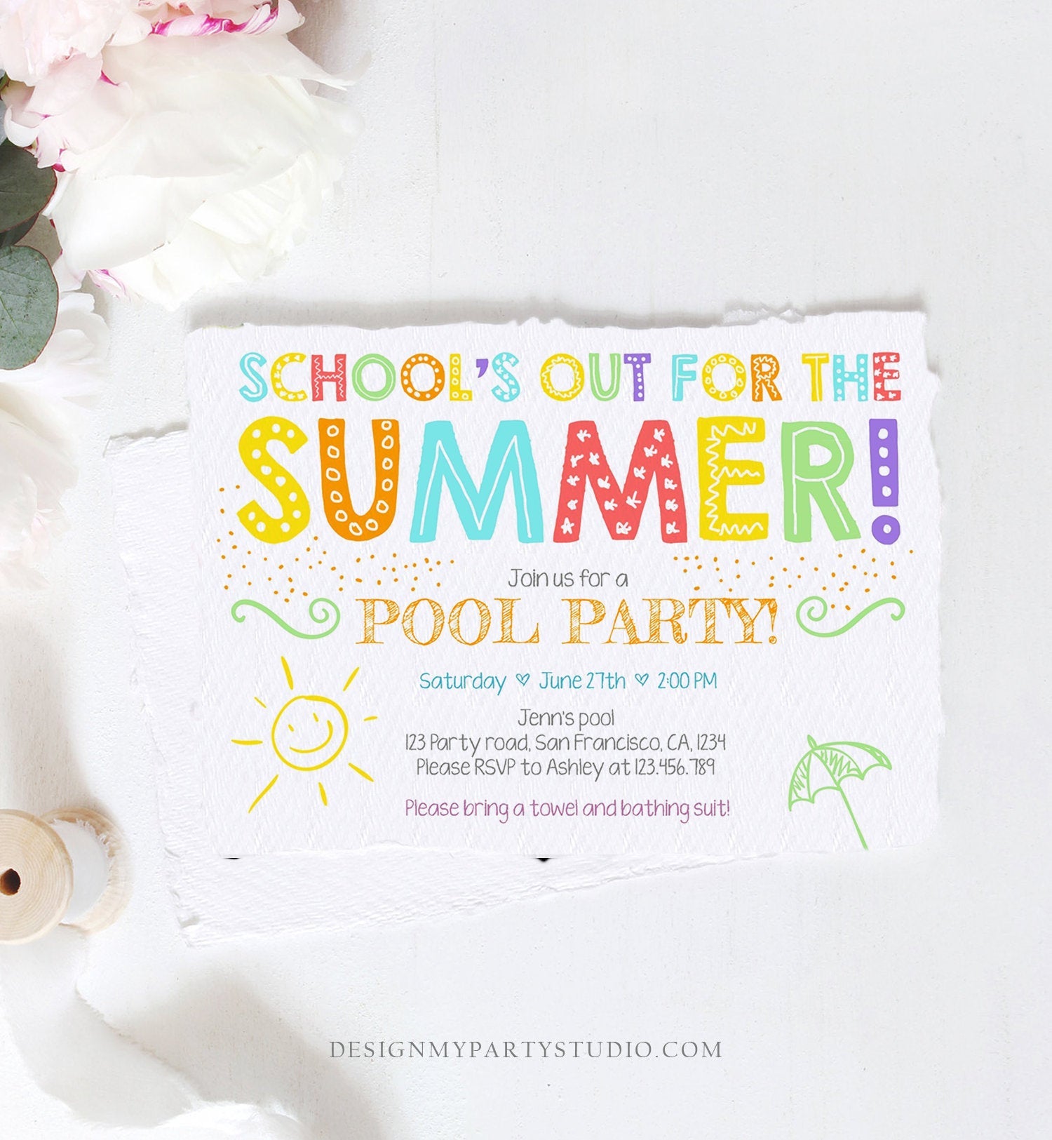 Editable School's Out For The Summer Pool Party Invitation Pink Girl Splish Splash Birthday Swimming Download Corjl Template Printable 0156