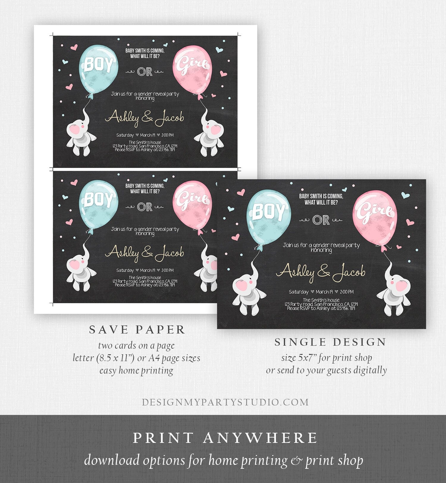 Editable Gender Reveal Invitation Elephants Boy or Girl Blue or Pink He or She Cute Elephant Hearts Download Printable Template Corjl 0037