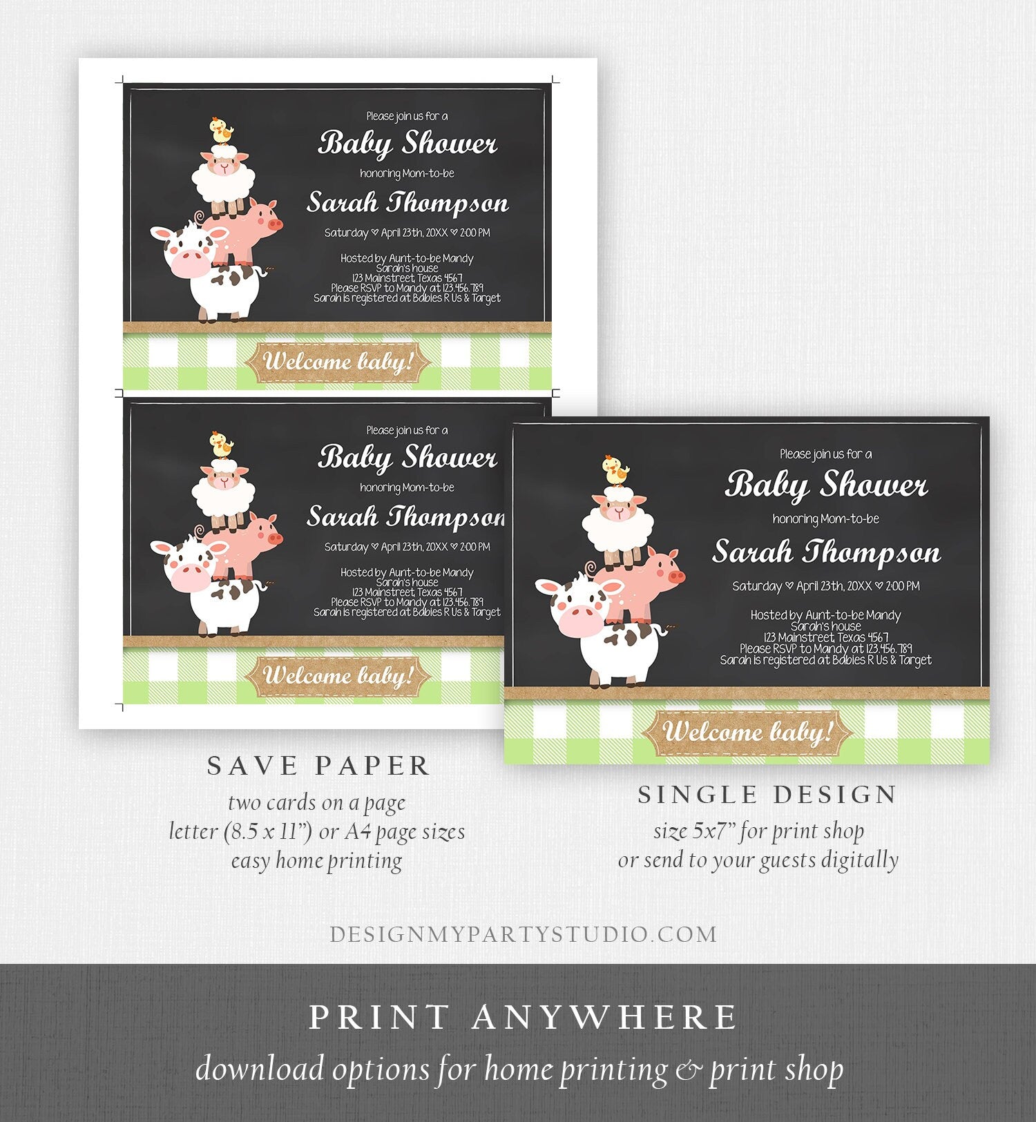 Editable Farm Baby Shower Invitation Barnyard Shower Farm Animals Green Gender Neutral Boy Download Printable Template Digital Corjl 0064