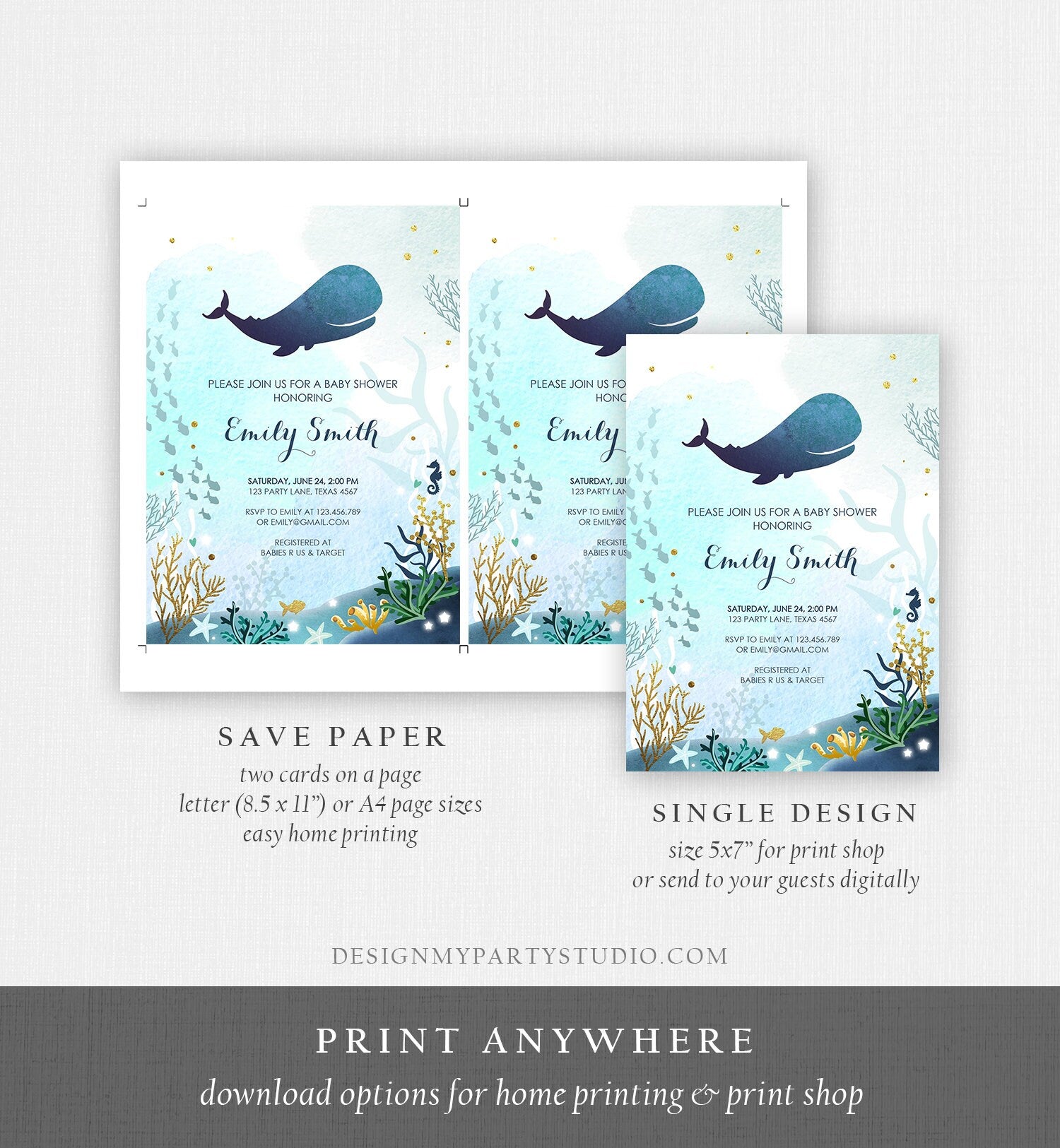 Editable Baby Shower Invitation Nautical Whale Baby Shower Invite Its a Boy Ocean Ahoy Watercolor Download Printable Template Corjl 0118