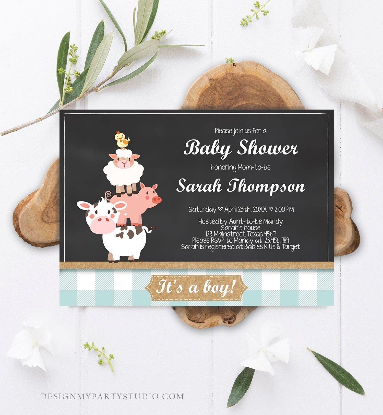 Editable Farm Baby Shower Invitation Barnyard Shower Farm Animals Boy Baby Shower Blue Download Printable Template Digital Corjl 0064