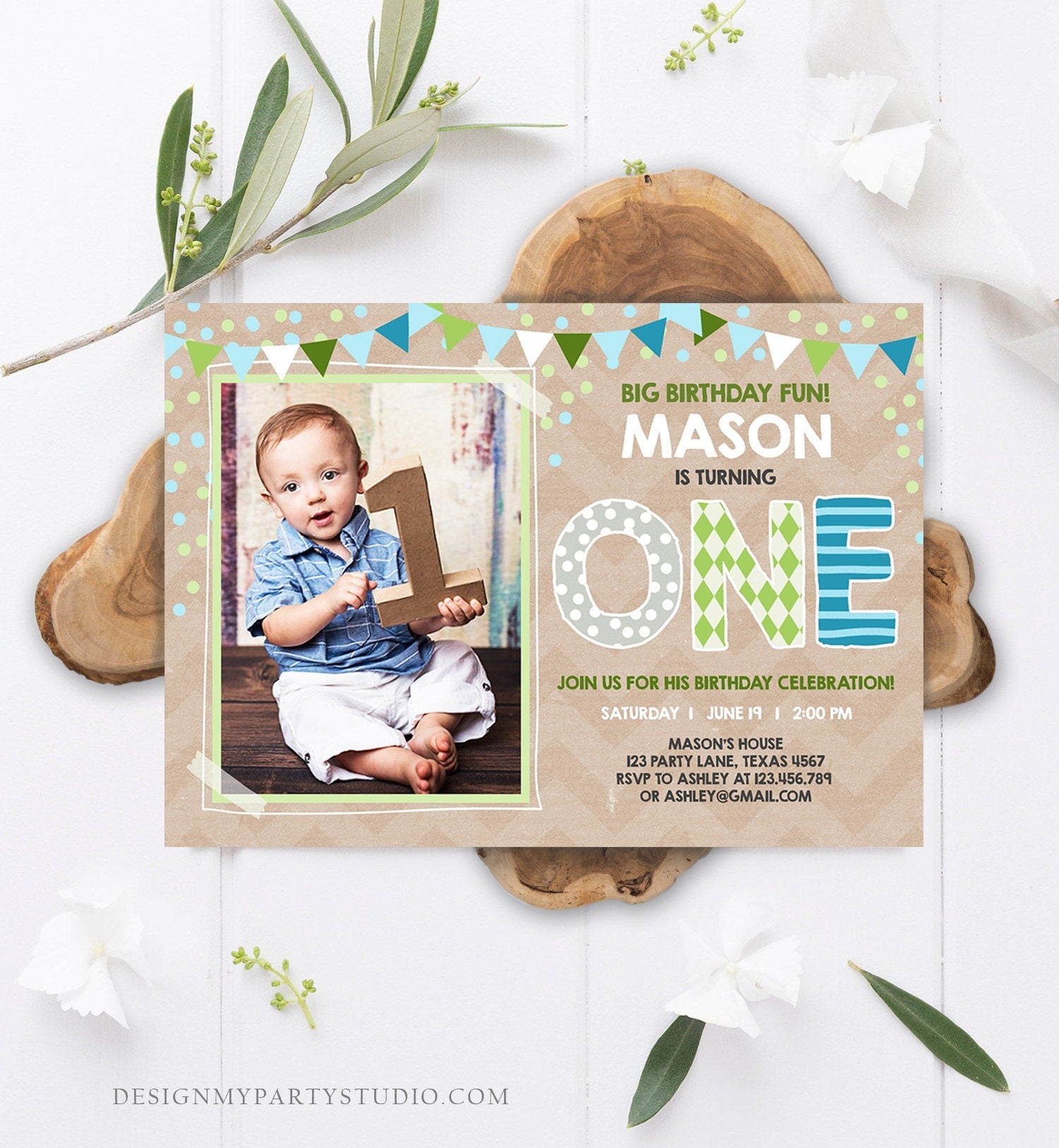 Editable Boy First Birthday Invitation One Green Blue Paper Chalk Confetti 1st Birthday Photo Digital Download Corjl Template Printable 0130