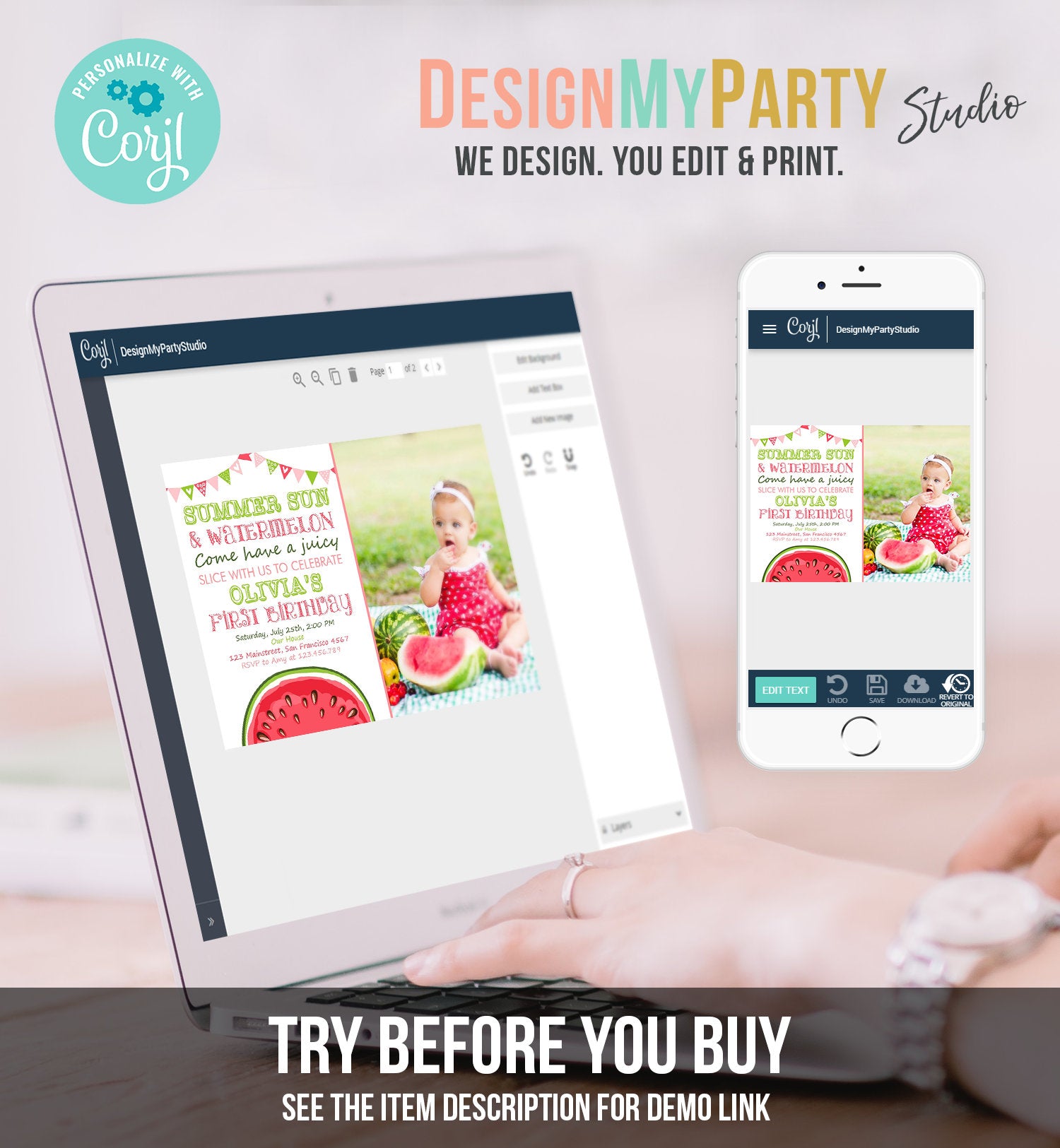 Editable Watermelon Birthday Invitation Girl One in a Melon Invite Melon Party Summer Fruit Instant Download Printable Template Corjl 0251