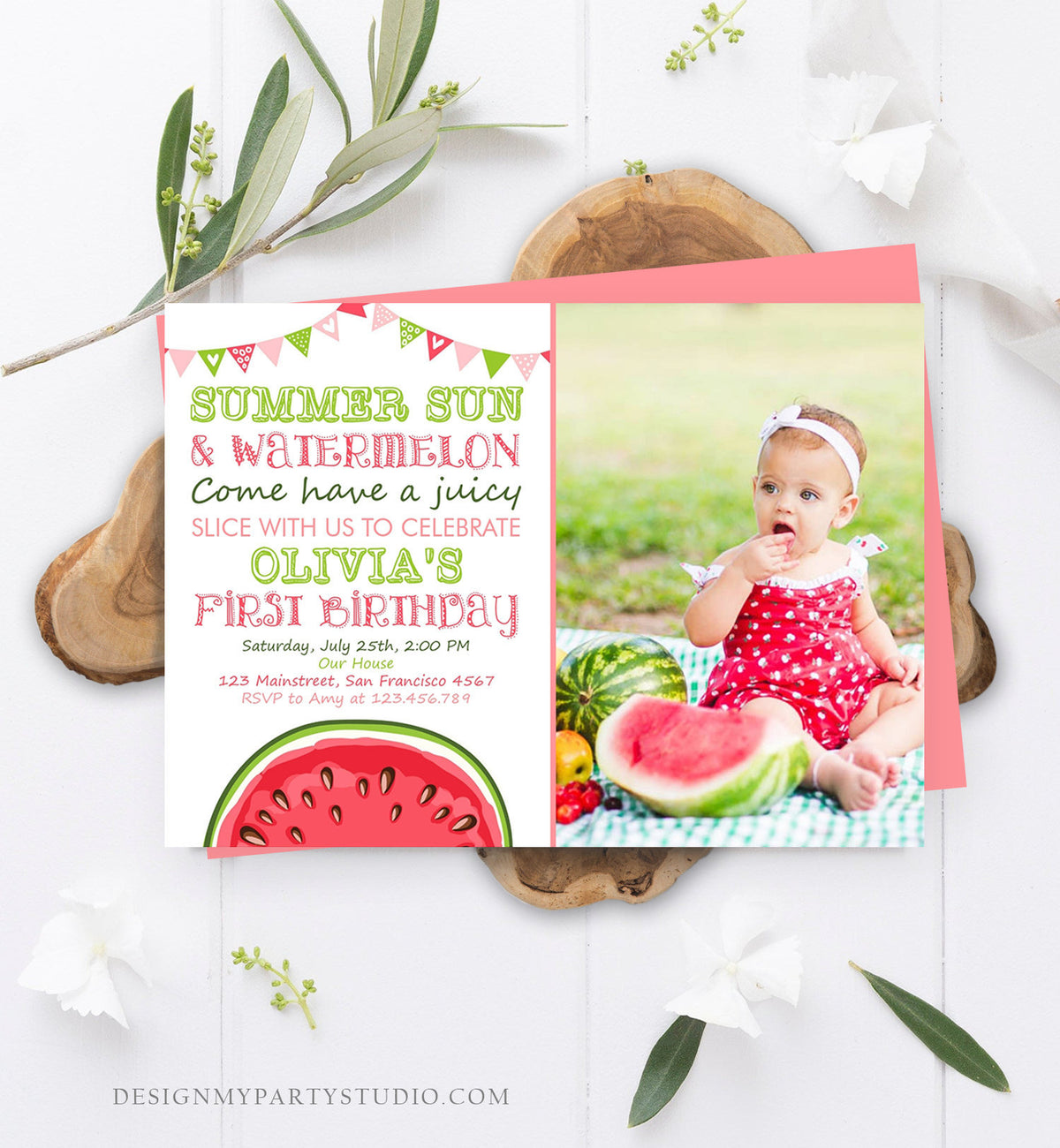 Editable Watermelon Birthday Invitation Girl One in a Melon Invite Melon Party Summer Fruit Instant Download Printable Template Corjl 0251