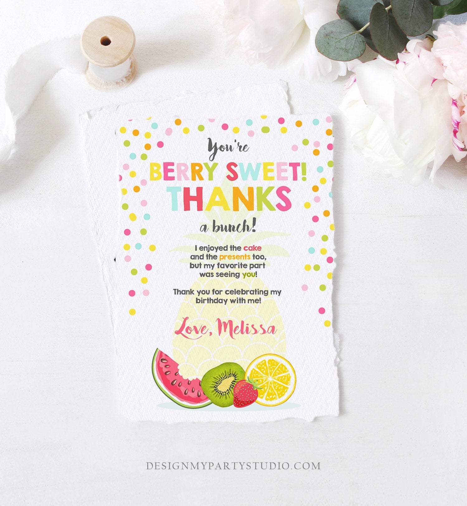 Editable Fruit Thank You Card Two-tti Frutti Party Birthday Pineapple Melon Orange Tutti Frutti  Download Printable Corjl Template 0205