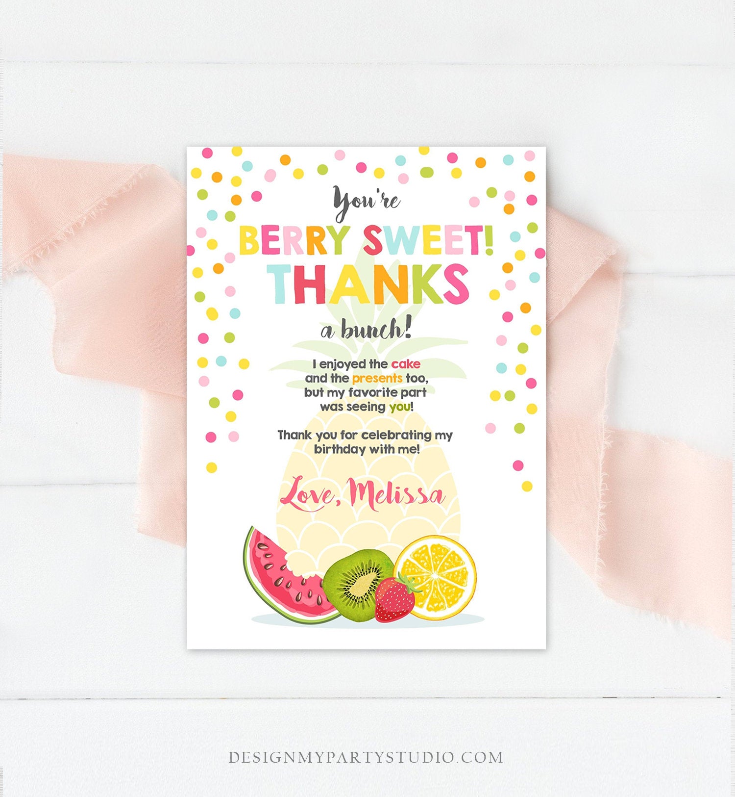 Editable Fruit Thank You Card Two-tti Frutti Party Birthday Pineapple Melon Orange Tutti Frutti  Download Printable Corjl Template 0205