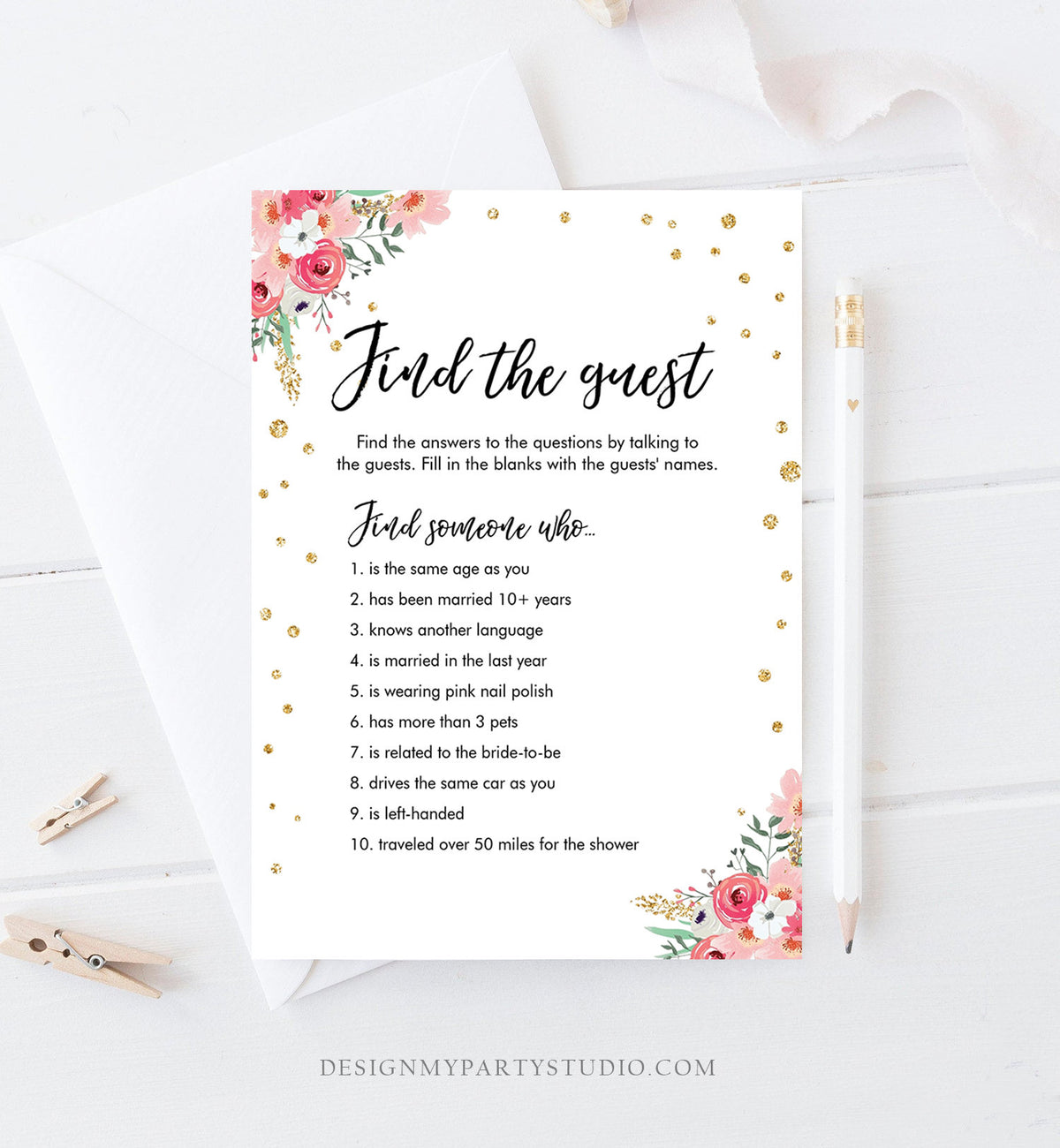 Editable Find the Guest Bridal Shower Game Wedding Shower Activity Pink Floral Gold Confetti Flowers Download Corjl Printable 0030 0318