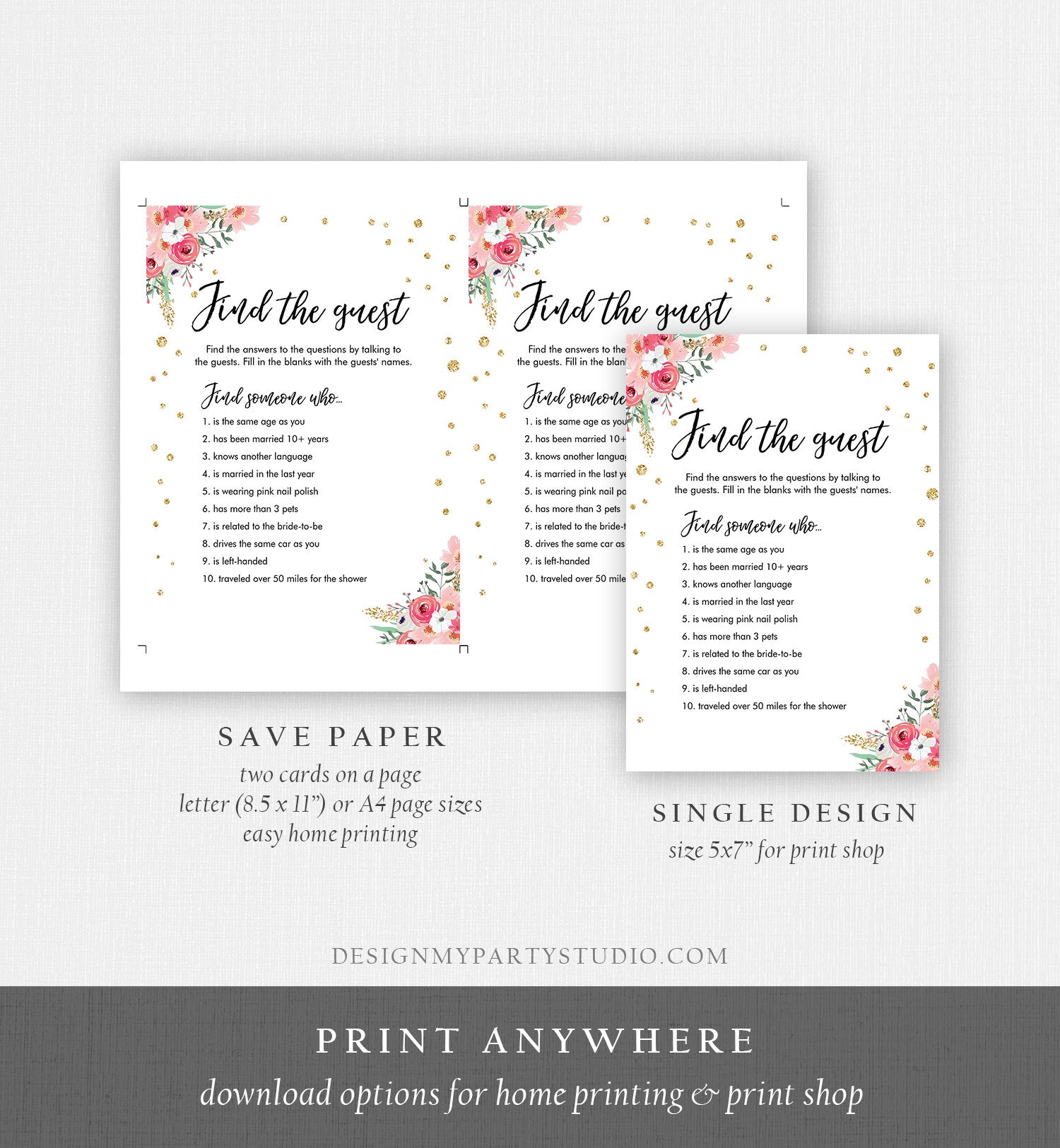 Editable Find the Guest Bridal Shower Game Wedding Shower Activity Pink Floral Gold Confetti Flowers Download Corjl Printable 0030 0318