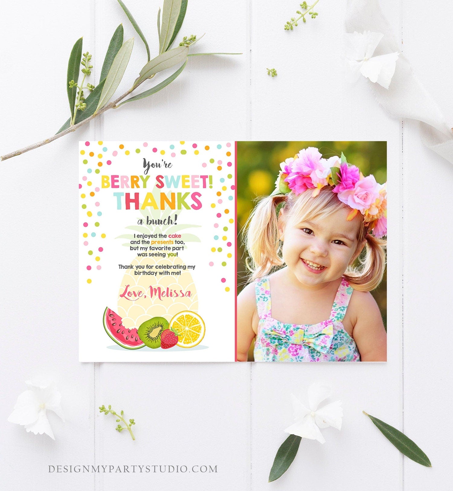 Editable Fruit Thank You Card Two-tti Frutti Party Birthday Pineapple Melon Orange Tutti Frutti Download Printable Corjl Template 0205