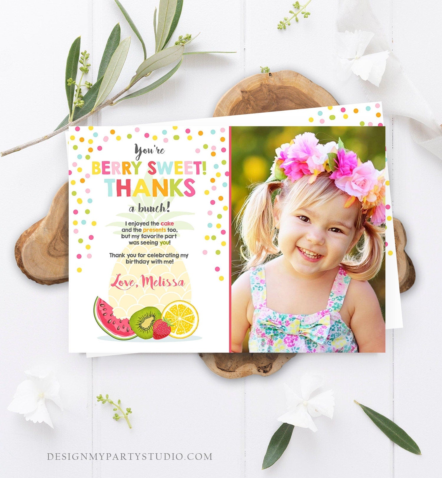 Editable Fruit Thank You Card Two-tti Frutti Party Birthday Pineapple Melon Orange Tutti Frutti Download Printable Corjl Template 0205