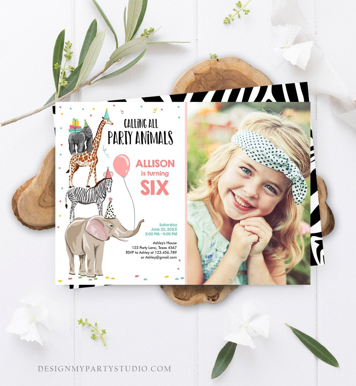 Editable Party Animals Birthday Invitation Wild One Animals Invitation Zoo Safari Animals Girl Download Printable Corjl Template 0142