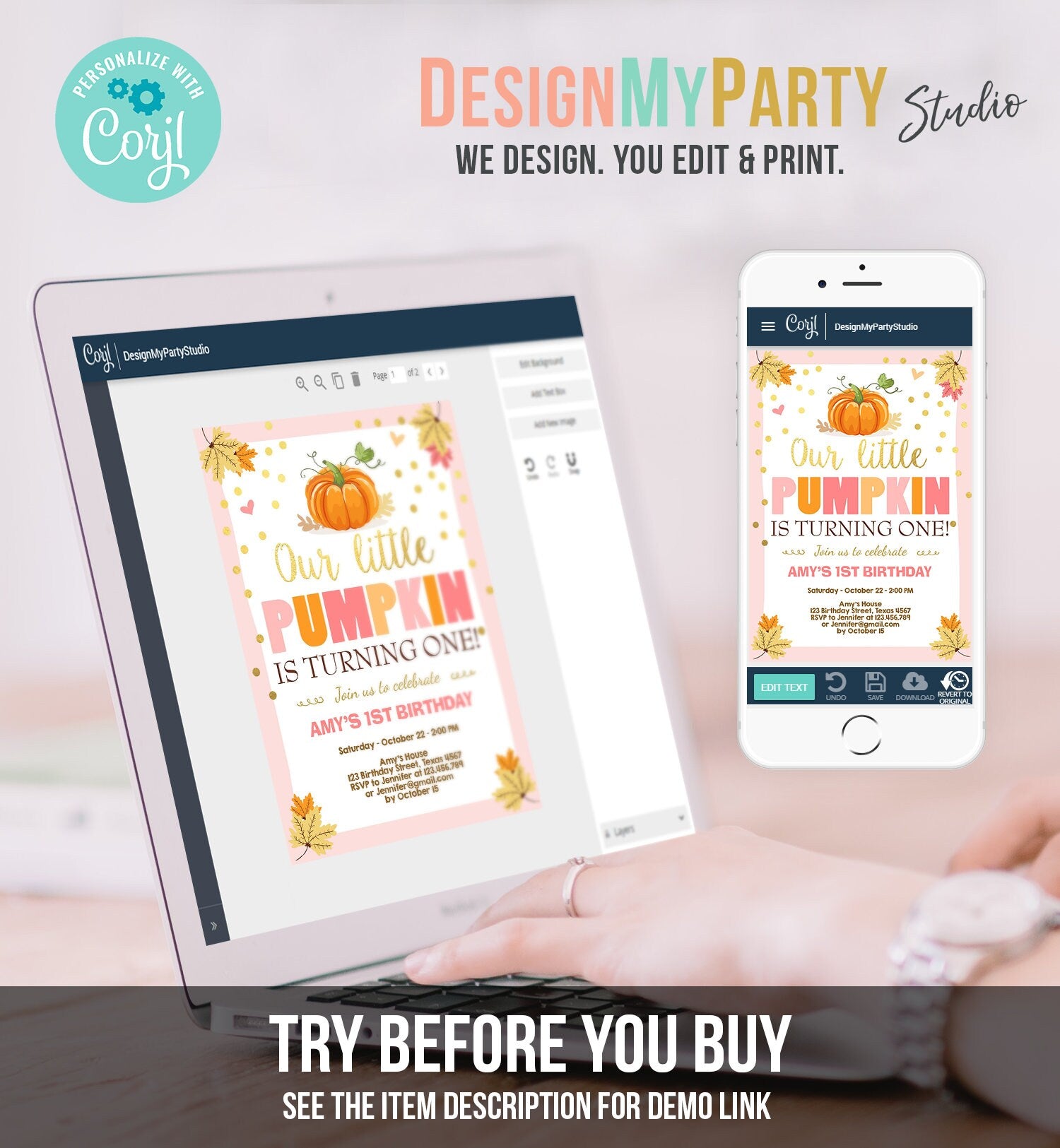 Editable Little Pumpkin Birthday Invitation Girl Pink Gold Pumpkin Party 1st Fall Autumn Party Download Printable Template Corjl 0055