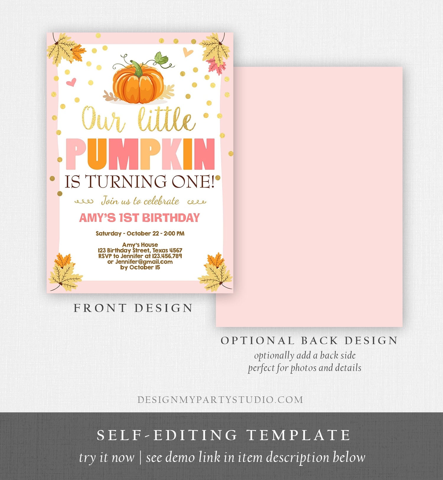 Editable Little Pumpkin Birthday Invitation Girl Pink Gold Pumpkin Party 1st Fall Autumn Party Download Printable Template Corjl 0055