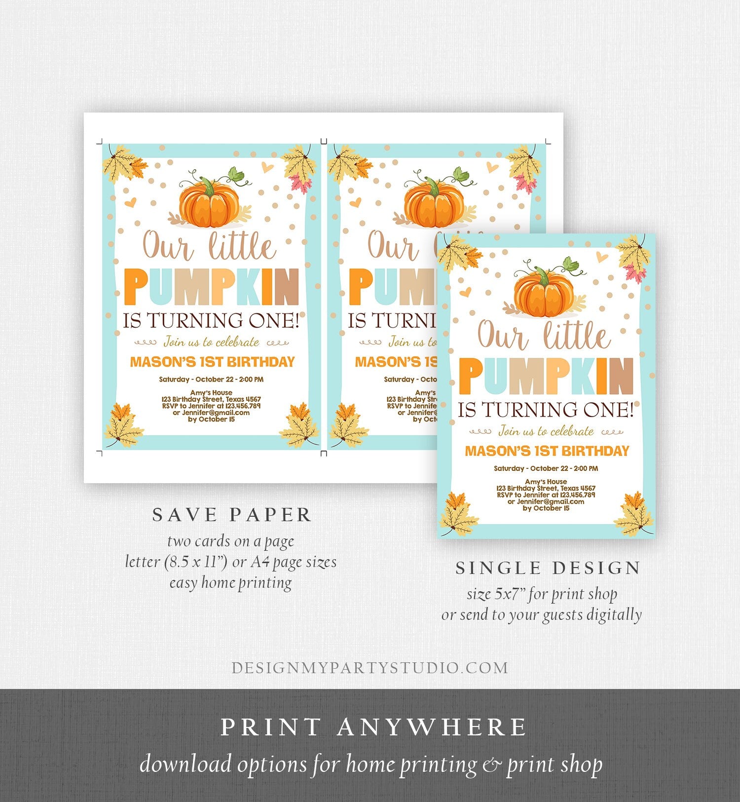 Editable Little Pumpkin Birthday Invitation Boy Blue Pumpkin Party 1st Birthday Fall Autumn Party Download Printable Template Corjl 0055