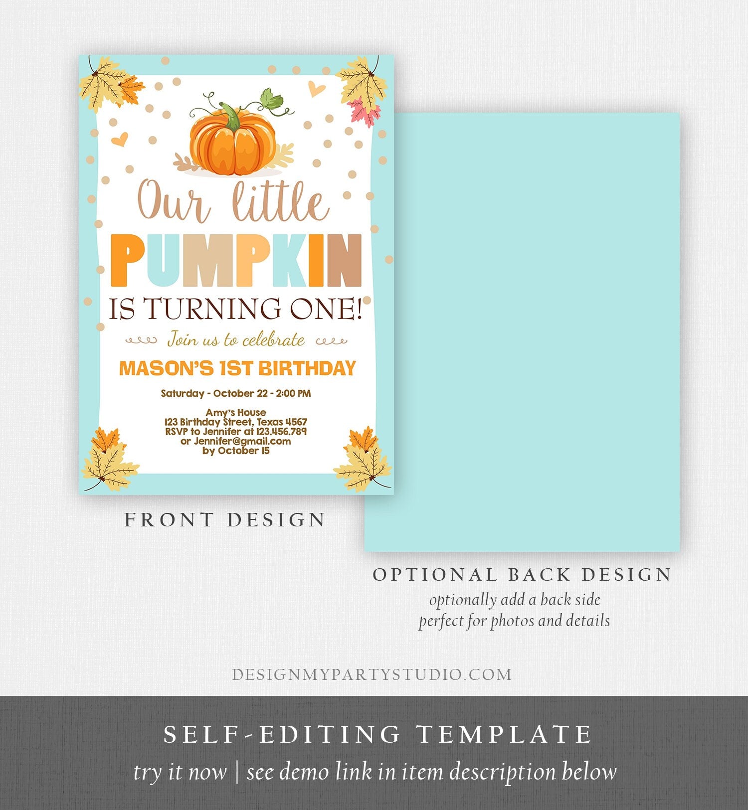 Editable Little Pumpkin Birthday Invitation Boy Blue Pumpkin Party 1st Birthday Fall Autumn Party Download Printable Template Corjl 0055