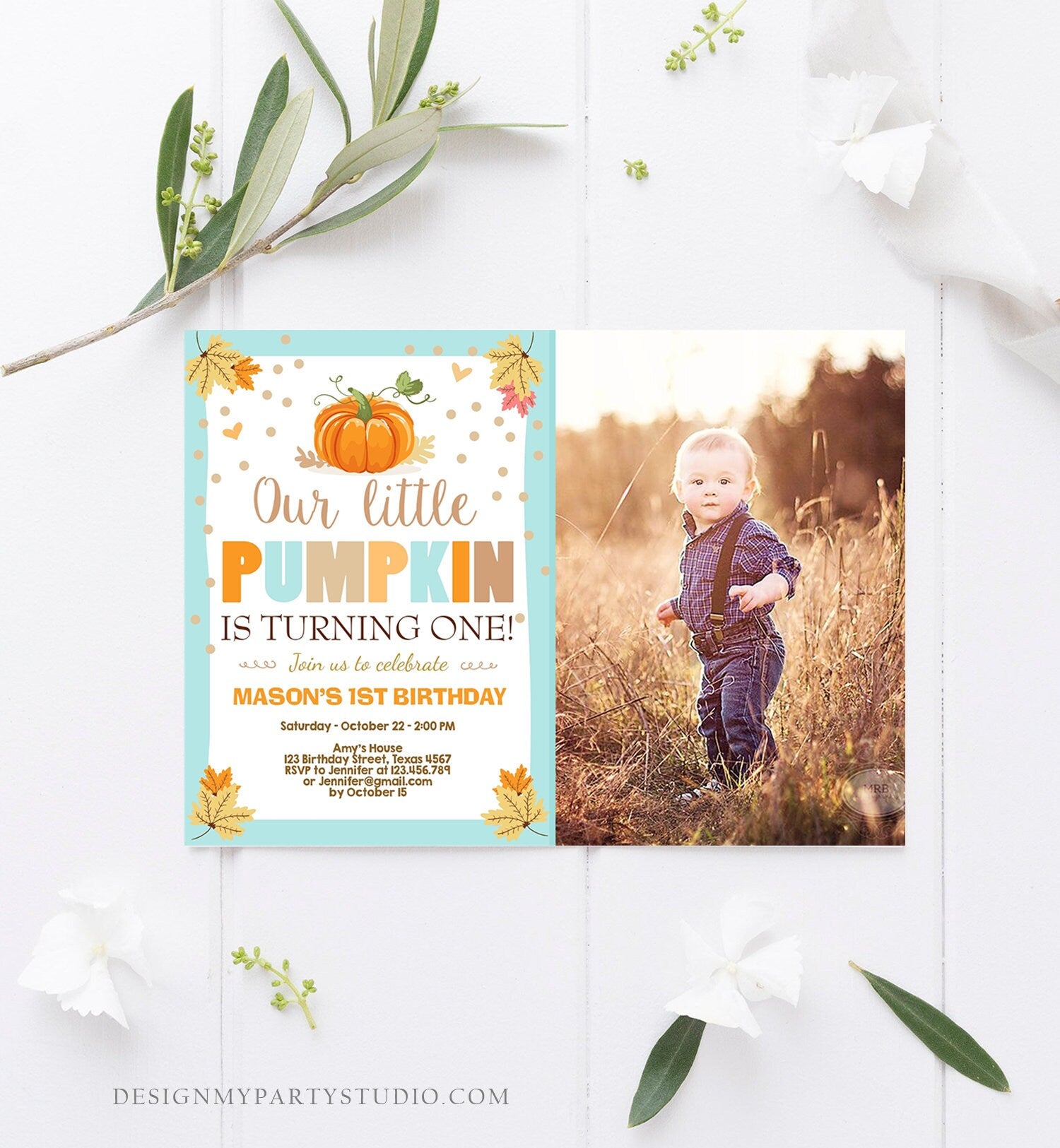 Editable Little Pumpkin Birthday Invitation Boy Blue Pumpkin Party 1st Birthday Fall Autumn Party Download Printable Template Corjl 0055