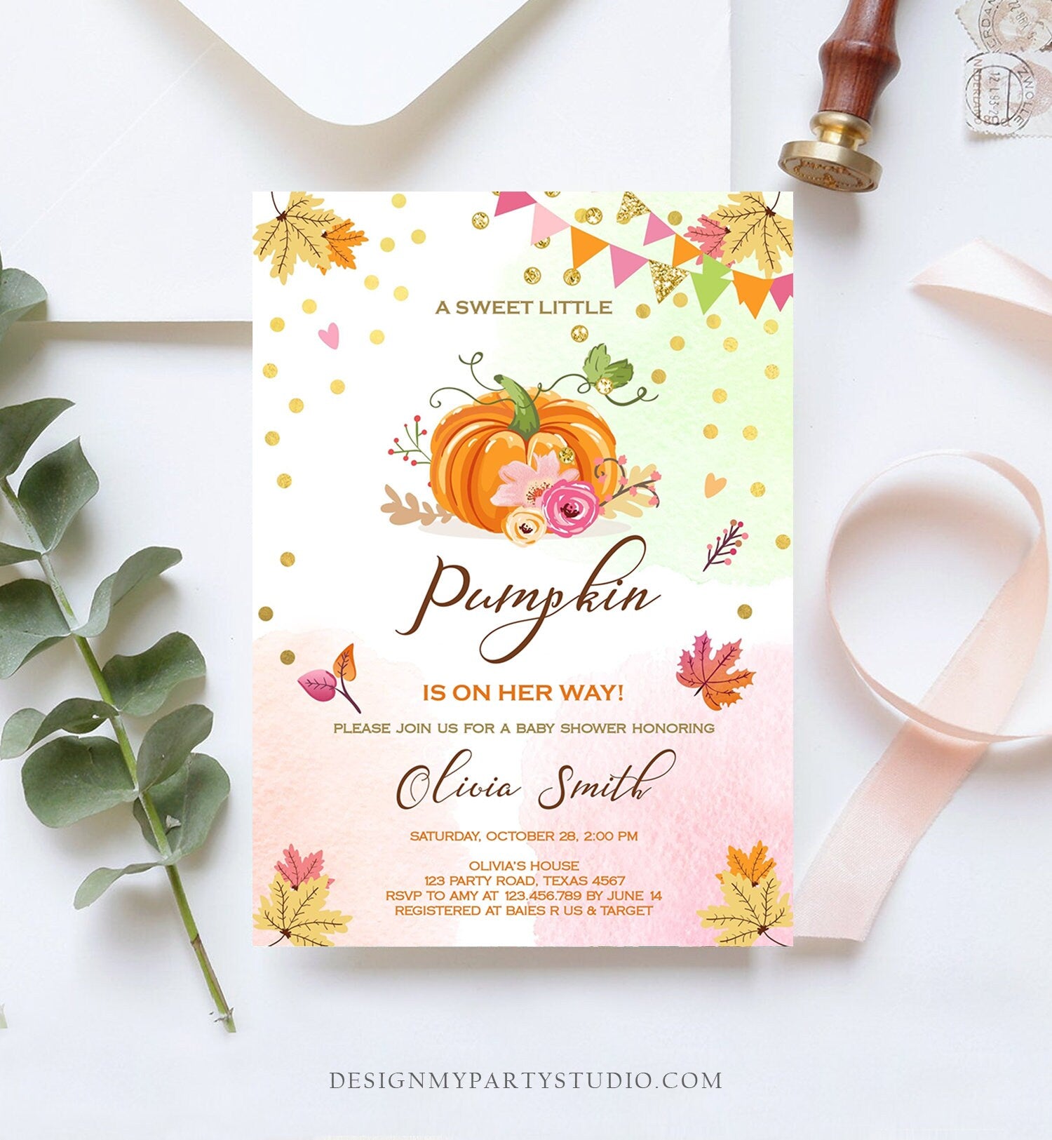 Editable Pumpkin Baby Shower invitation Rustic Pink and Gold Girl Shower Autumn Fall Shower Template Instant Download Digital Corjl 0056