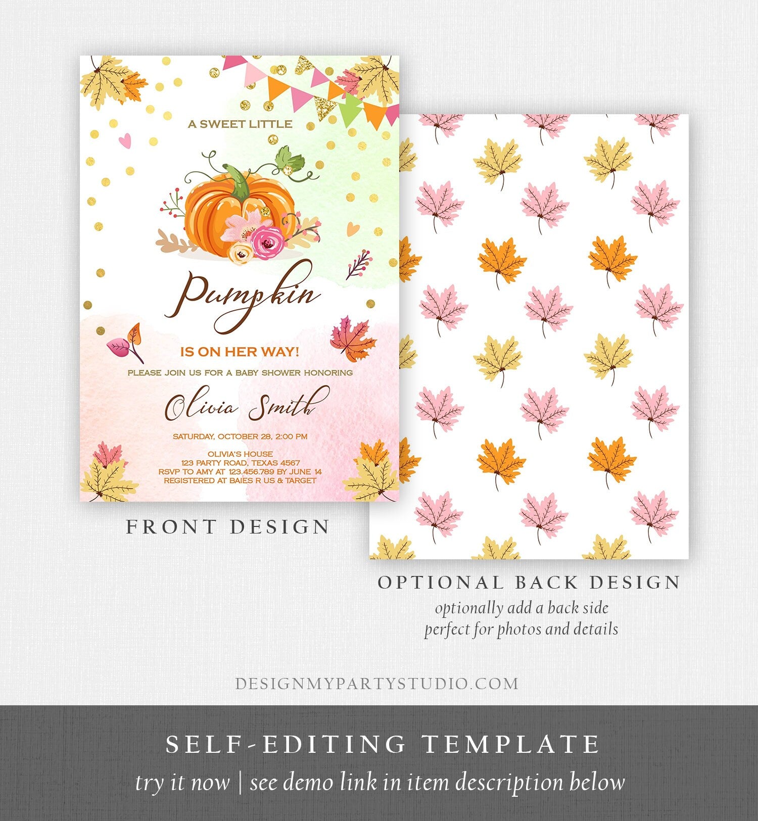 Editable Pumpkin Baby Shower invitation Rustic Pink and Gold Girl Shower Autumn Fall Shower Template Instant Download Digital Corjl 0056