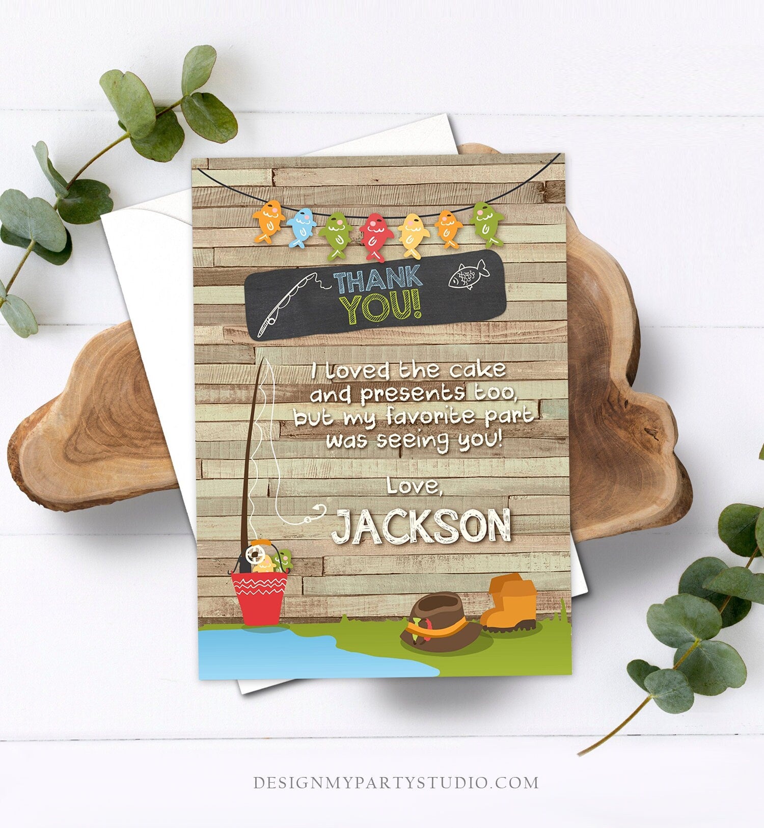 Editable Fishing Thank You Card Boy Birthday o-Fish-Ally Wood 1st First Birthday Gone Fishing Digital Download Printable Corjl Template 0080