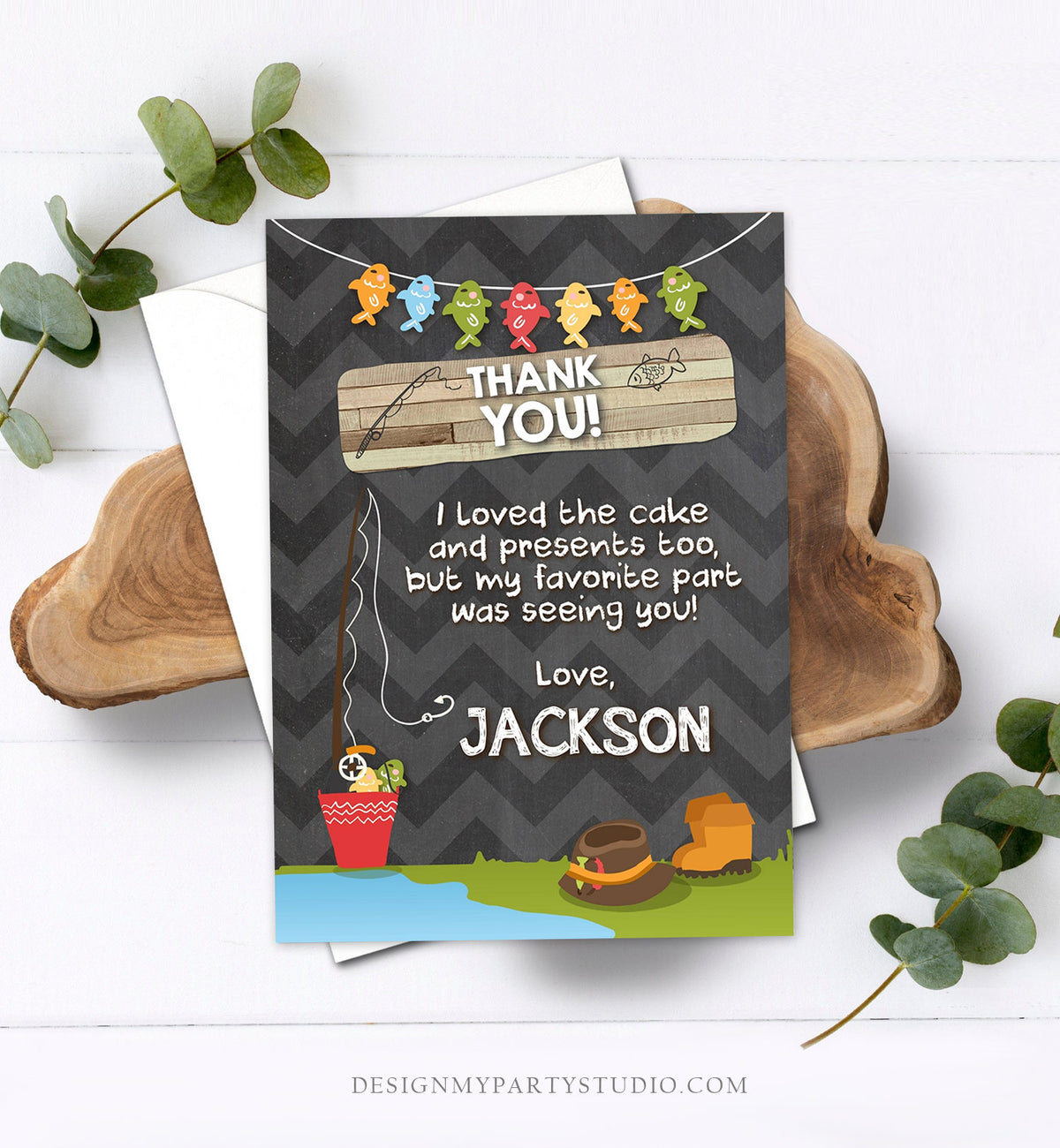 Editable Fishing Thank You Card Boy Birthday o-Fish-Ally Wood 1st First Birthday Gone Fishing Digital Download Printable Corjl Template 0080