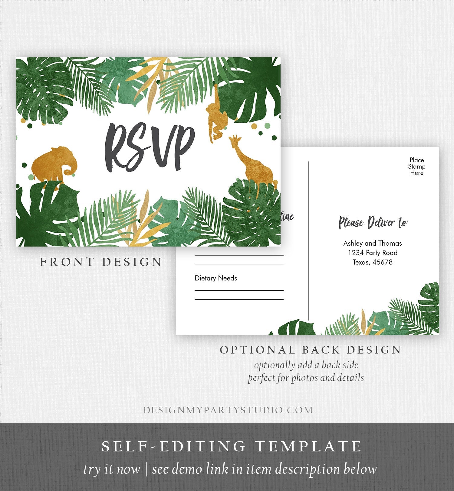 Editable RSVP Card Safari Animals Wild One Boy Birthday Party Jungle Wild Animals Black Gold Response Postcard Corjl Template Printable 0016