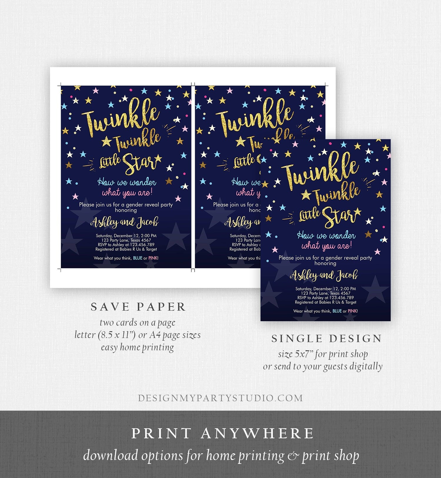 Editable Gender Reveal Invitation Baby Shower Twinkle Twinkle Little Star Blue or Pink He or She Gold Pink Blue Download Corjl Template 0235