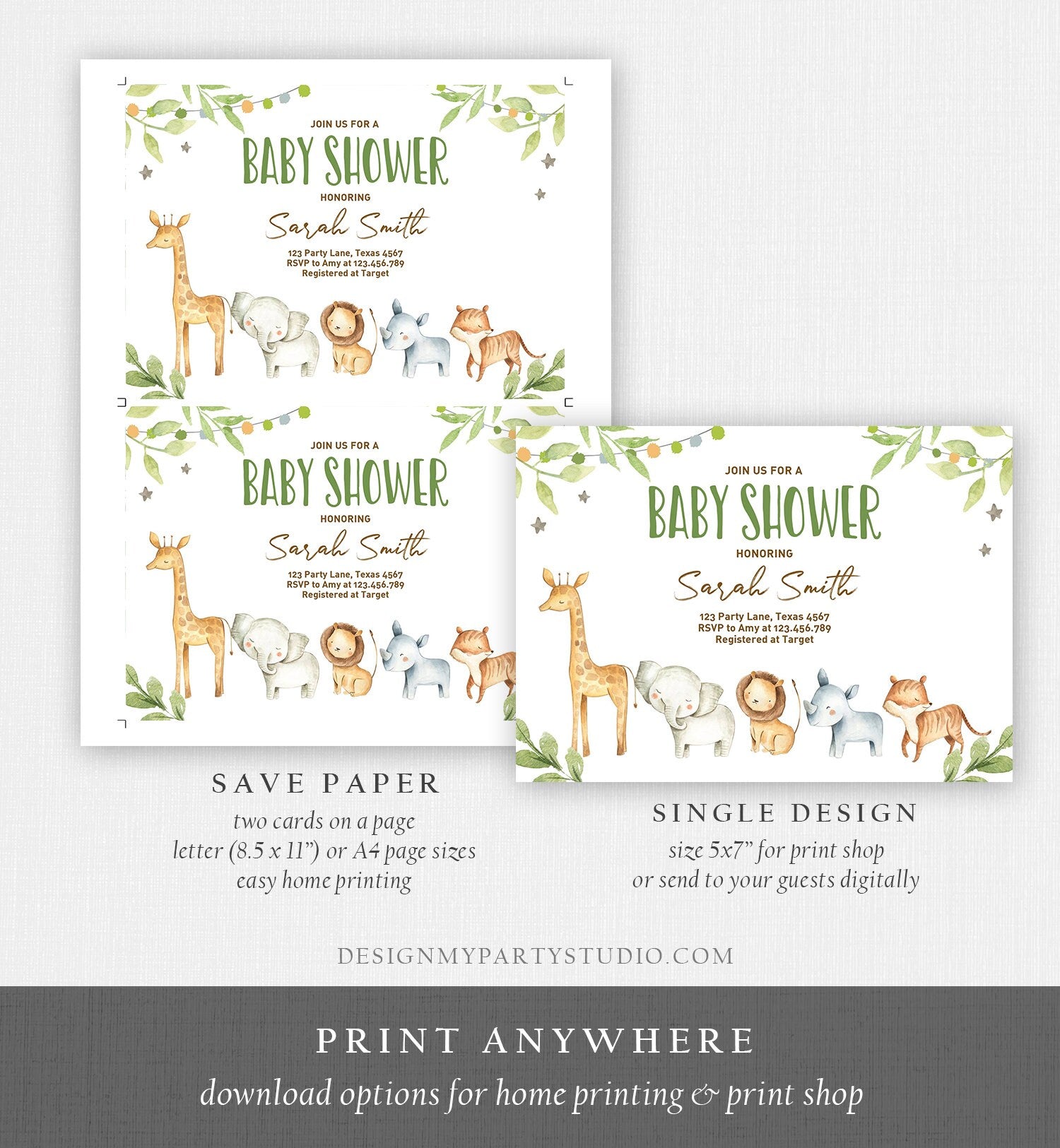 Editable Baby Shower Invitation Jungle Safari Animals Baby Shower Invite Gender Neutral Rustic Wild Download Printable Template Corjl 0164