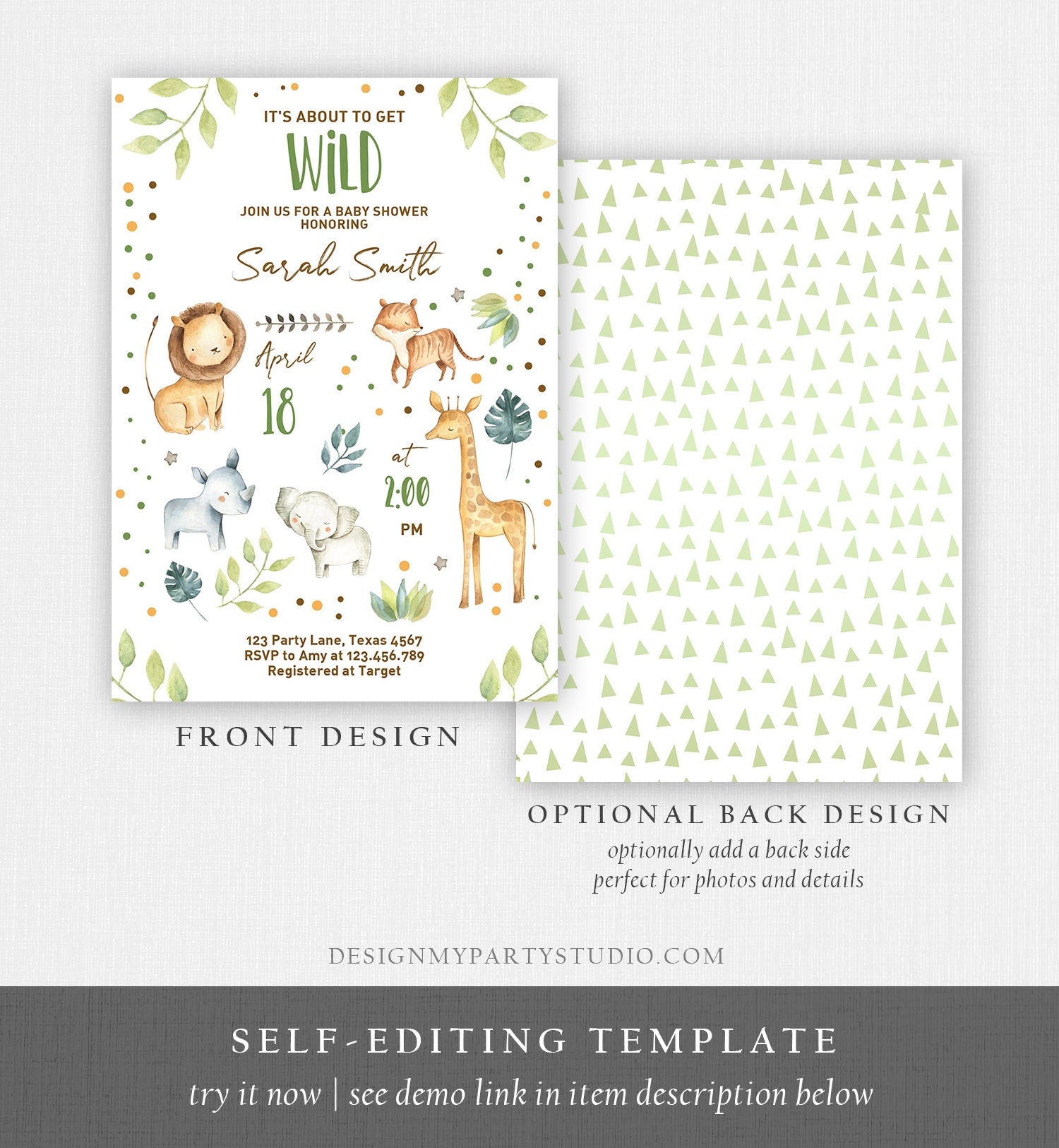 Editable Baby Shower Invitation Jungle Safari Animals Baby Shower Invite Gender Neutral Rustic Wild Download Printable Template Corjl 0164