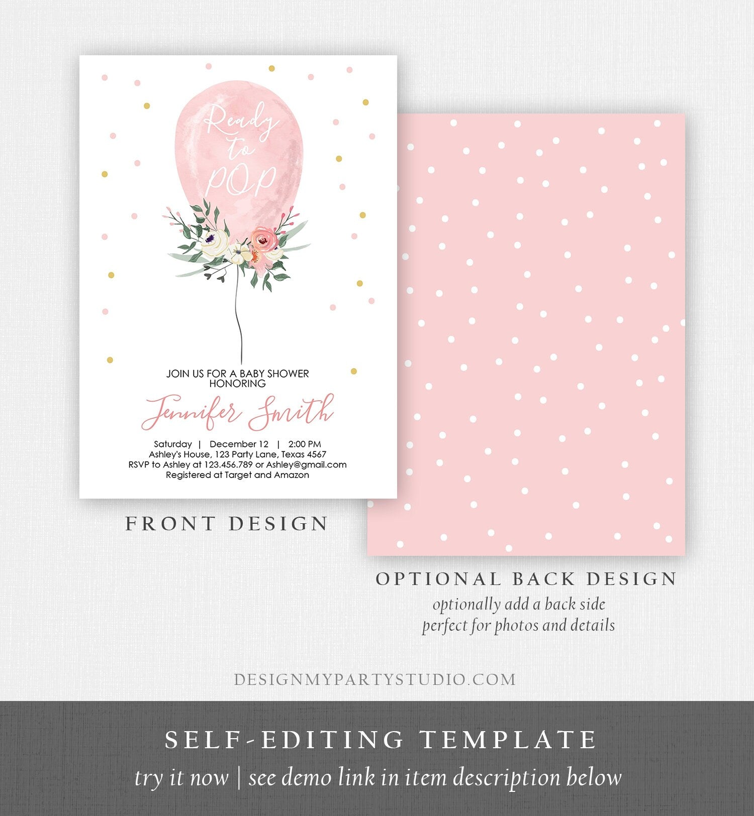 Editable Ready to Pop Baby Shower Invitation Floral Balloon Pink Gold Girl Flowers Instant Download Printable Template Digital Corjl 0221