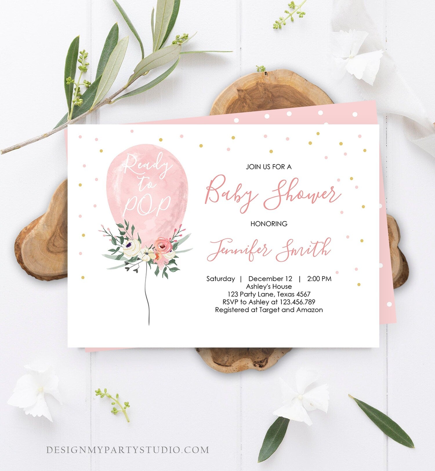 Editable Ready to Pop Baby Shower Invitation Floral Balloon Pink Gold Girl Flowers Instant Download Printable Template Digital Corjl 0221