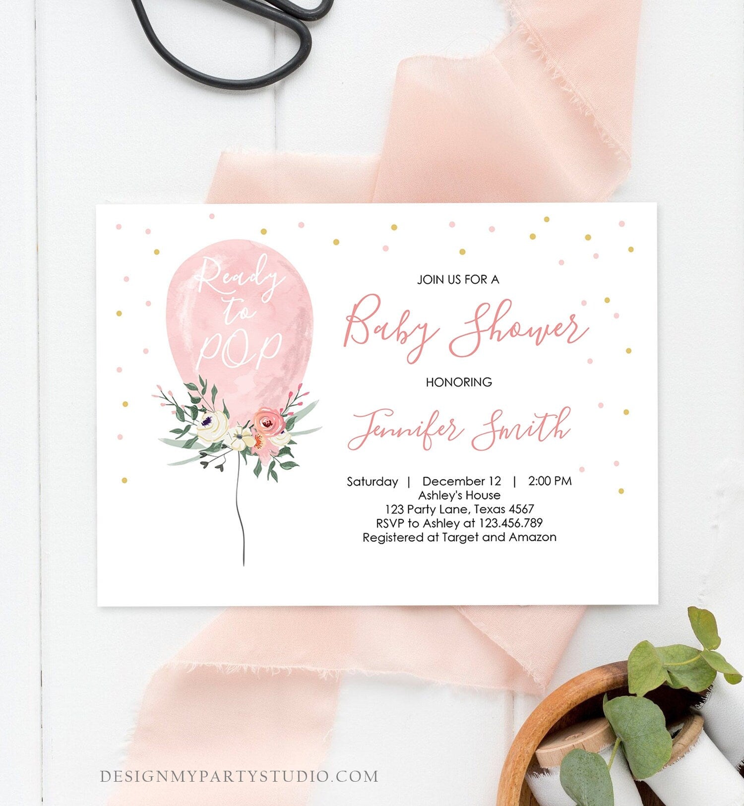 Editable Ready to Pop Baby Shower Invitation Floral Balloon Pink Gold Girl Flowers Instant Download Printable Template Digital Corjl 0221