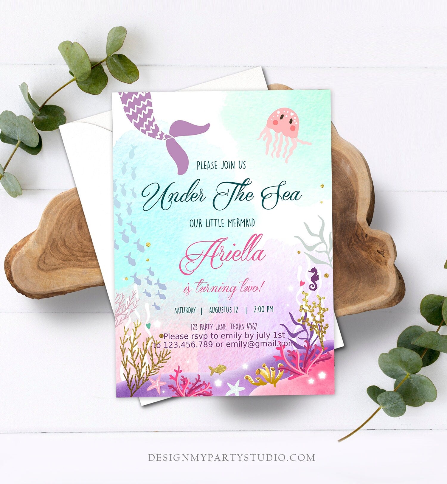 Editable Under The Sea Birthday Invitation First Birthday Mermaid Tail Invite Girl Pink Purple Gold Download Printable  Template Corjl 0076