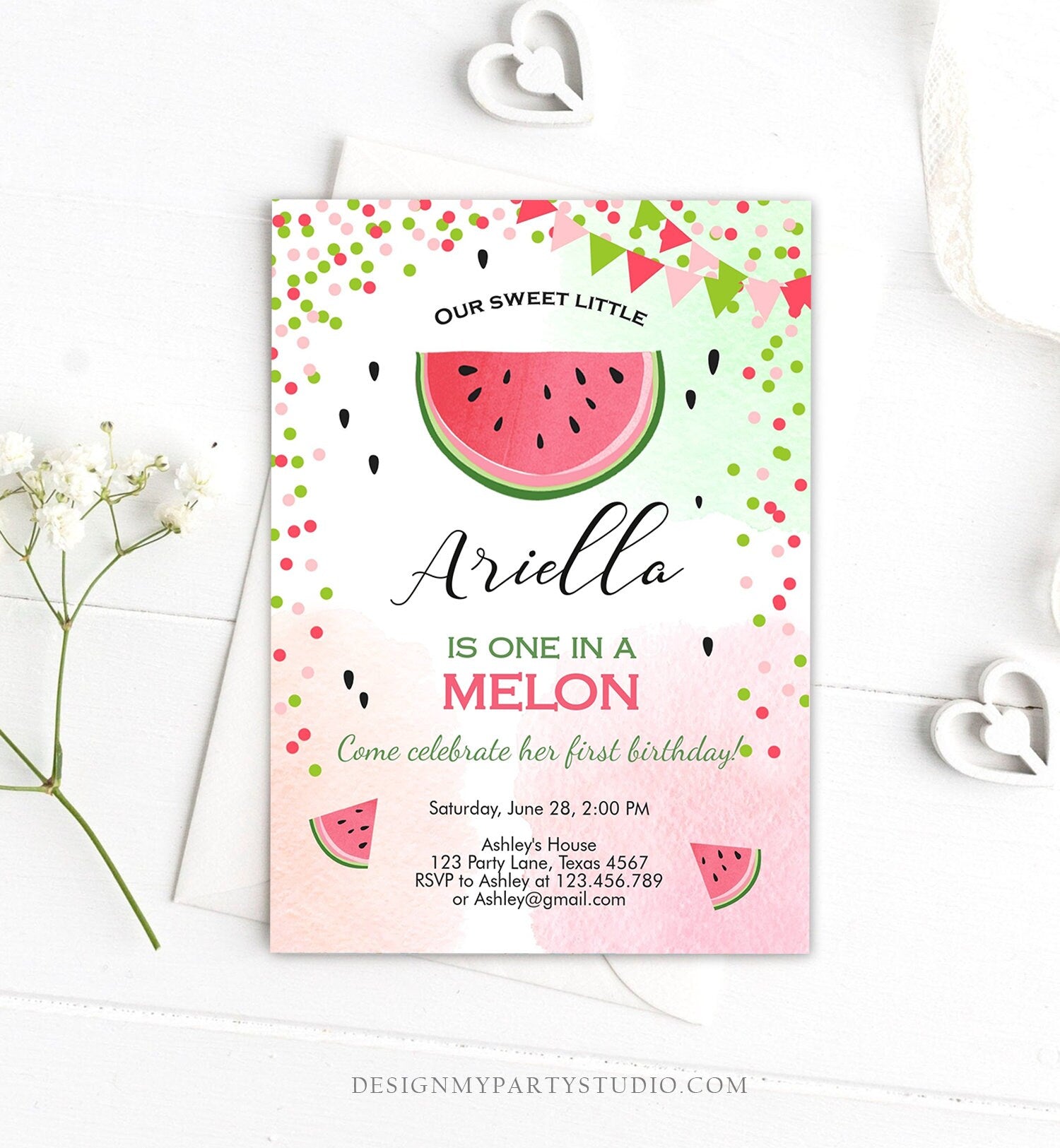 Editable One in a Melon Birthday Invitation Watermelon Invite Melon Party Summer Fruit Girl Download Printable Template Digital Corjl 0093