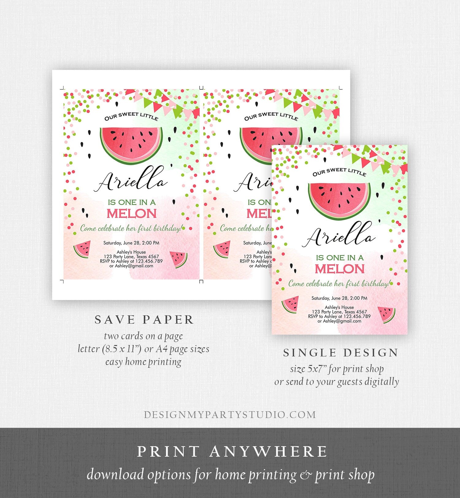 Editable One in a Melon Birthday Invitation Watermelon Invite Melon Party Summer Fruit Girl Download Printable Template Digital Corjl 0093