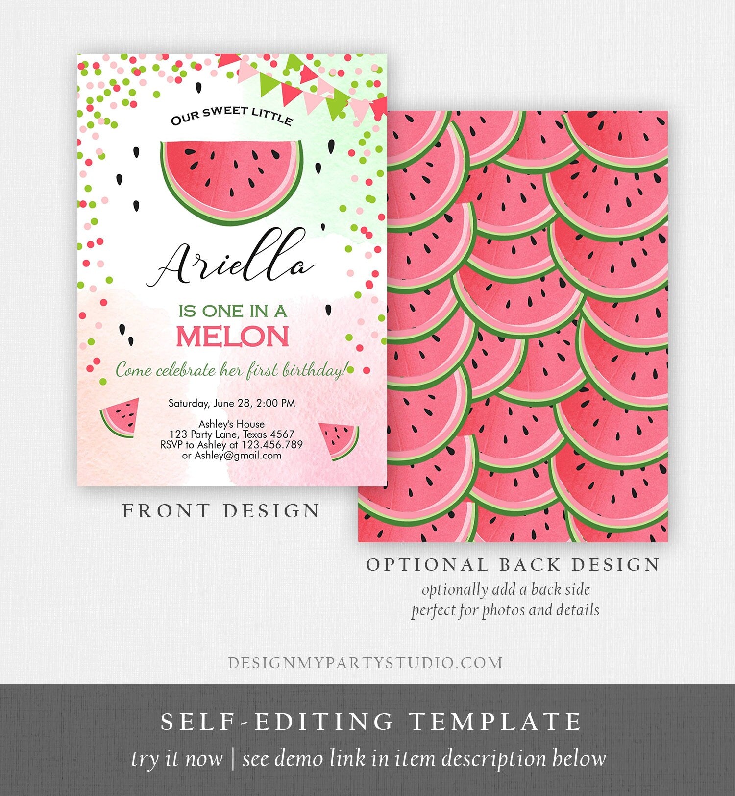 Editable One in a Melon Birthday Invitation Watermelon Invite Melon Party Summer Fruit Girl Download Printable Template Digital Corjl 0093