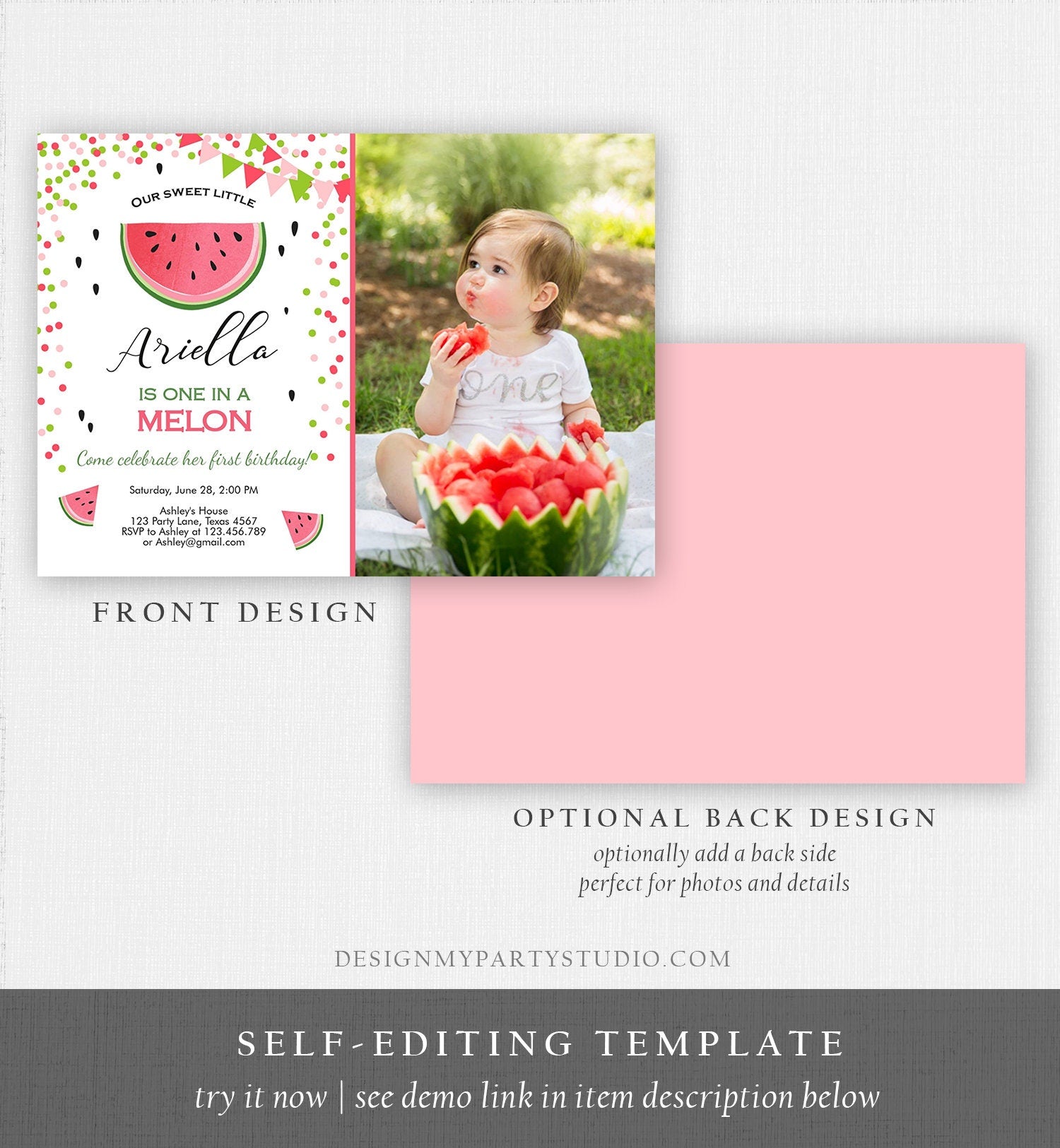 Editable One in a Melon Birthday Invitation Watermelon Invite Melon Party Summer Fruit Girl Download Printable Template Digital Corjl 0093