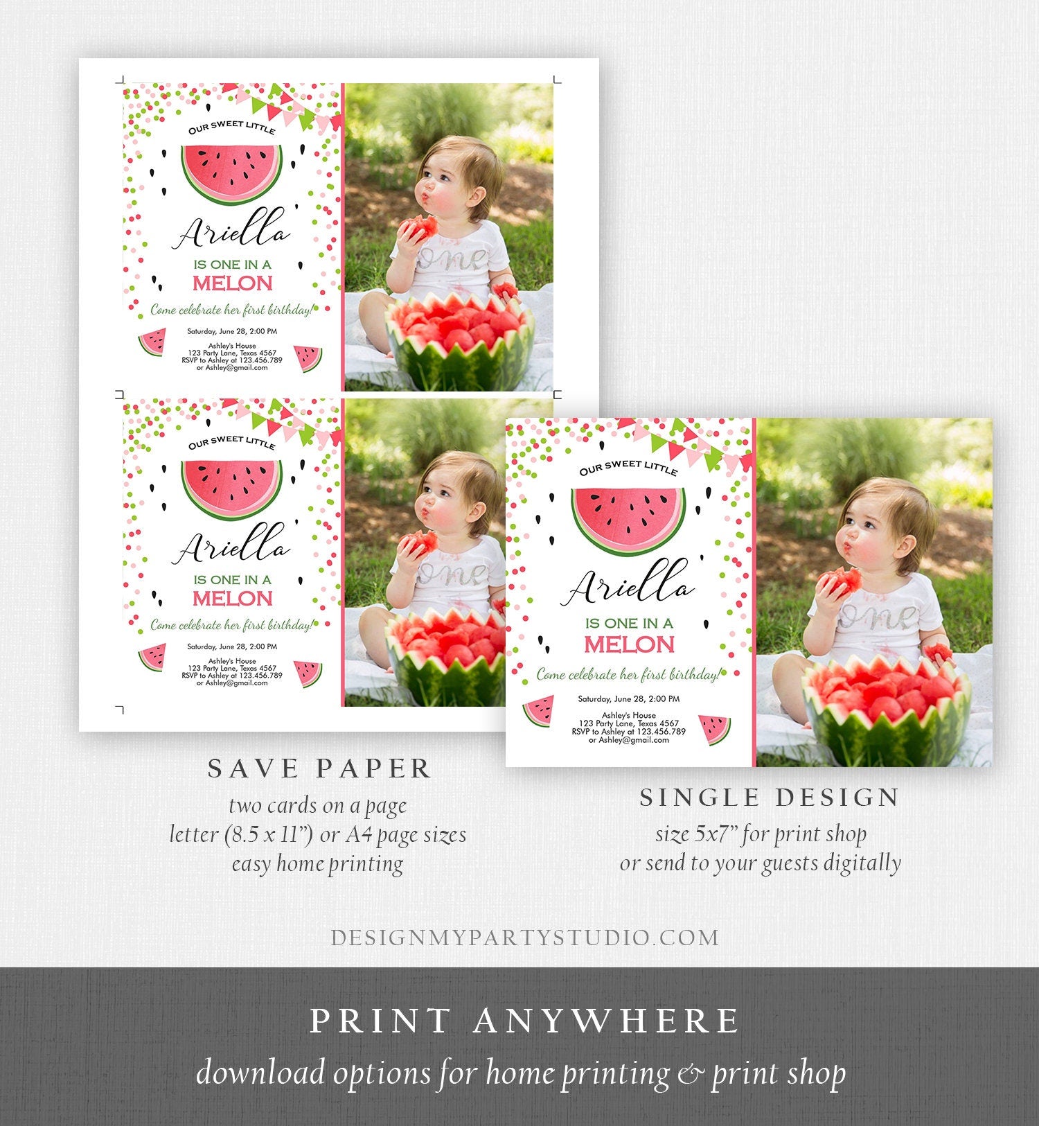 Editable One in a Melon Birthday Invitation Watermelon Invite Melon Party Summer Fruit Girl Download Printable Template Digital Corjl 0093